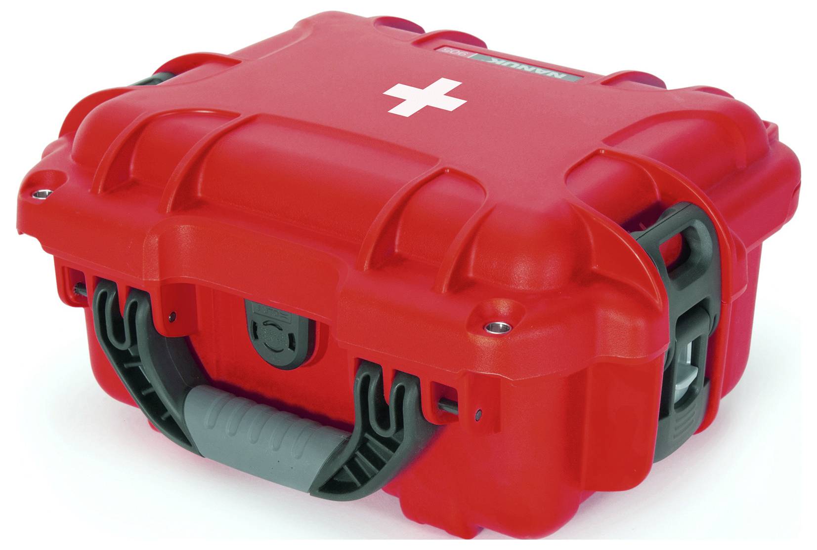 Czerwony apteczka pierwszej pomocy z białym krzyżem na pokrywie; solidna konstrukcja, idealna do użytku w nagłych wypadkach i podczas aktywności na świeżym powietrzu.