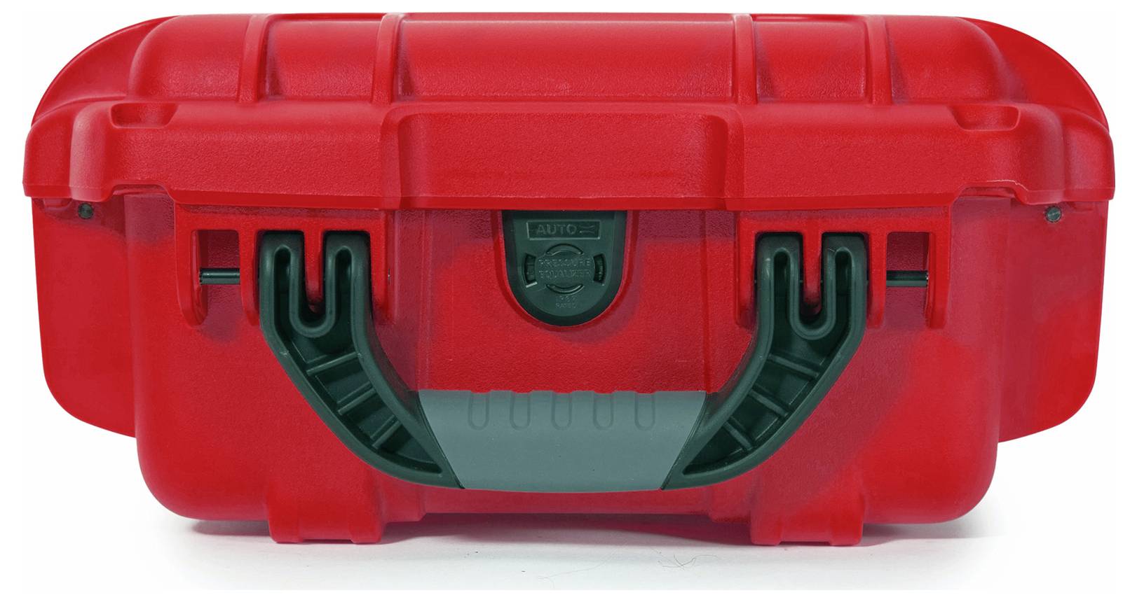 Czerwona walizka twarda z czarnymi zamkami i uchwytem.