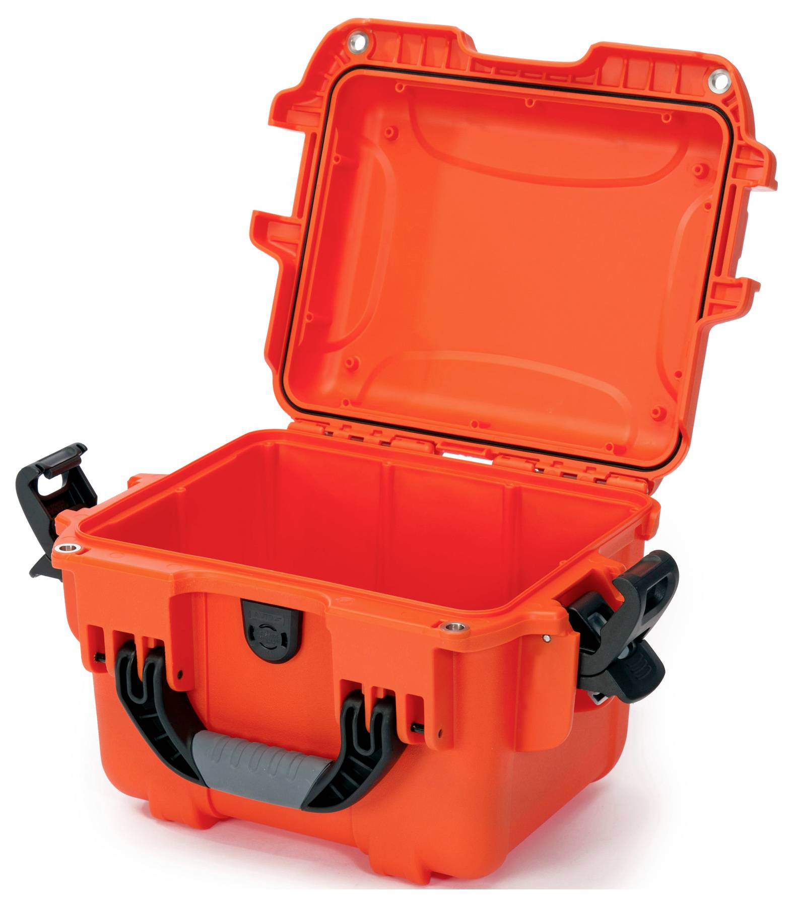 Pomarańczowy, wytrzymały kufer ochronny z otwartą pokrywą, idealny do przewożenia delikatnego sprzętu lub narzędzi.