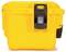Żółty, wytrzymały pojemnik z tworzywa sztucznego z czarnym uchwytem i zamknięciem. Służy do bezpiecznego przechowywania i transportu.