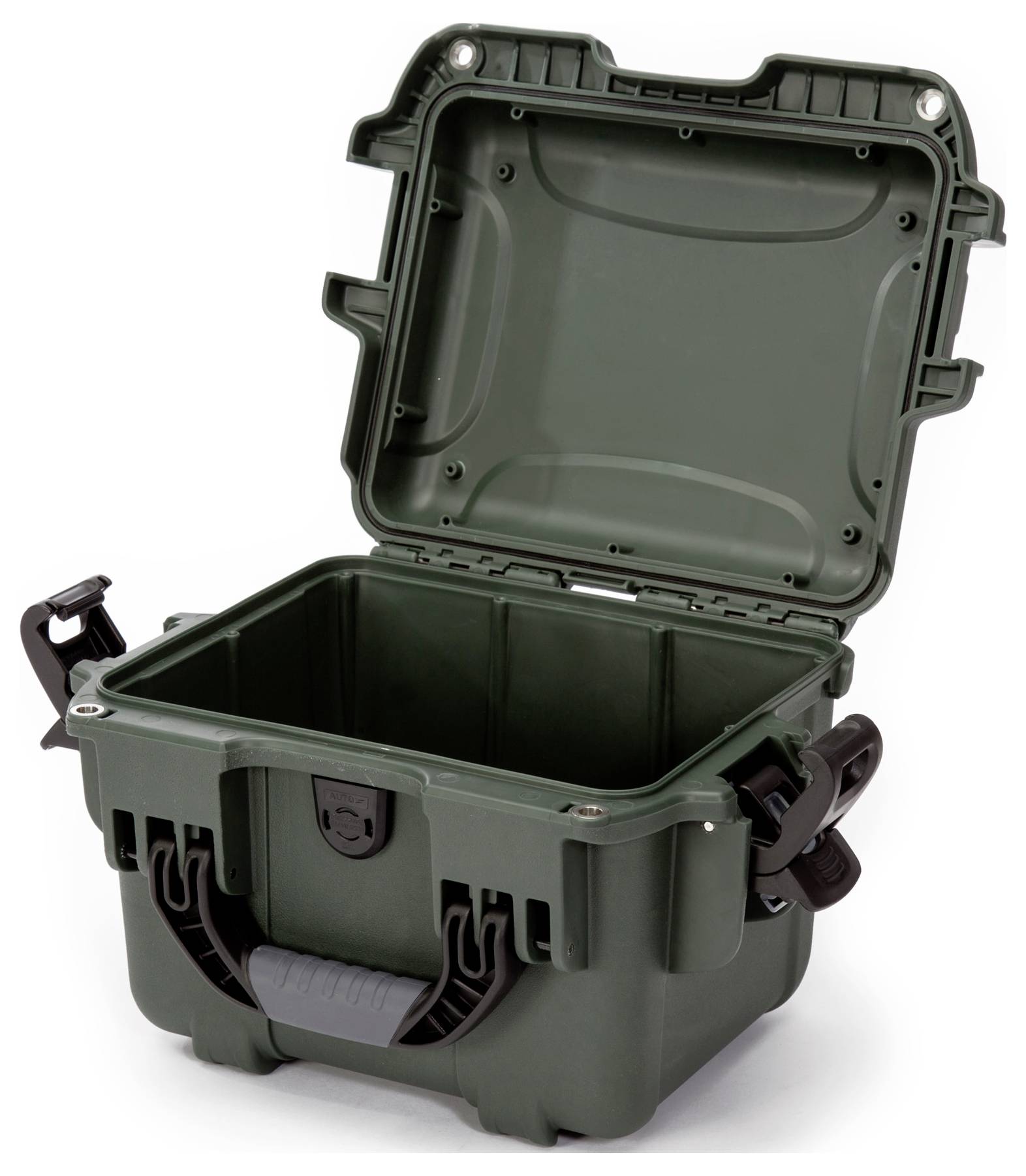 Zielony, wytrzymały walizka z twardej skorupy z otwartą pokrywą, odpowiednia do bezpiecznego transportu delikatnych przedmiotów.