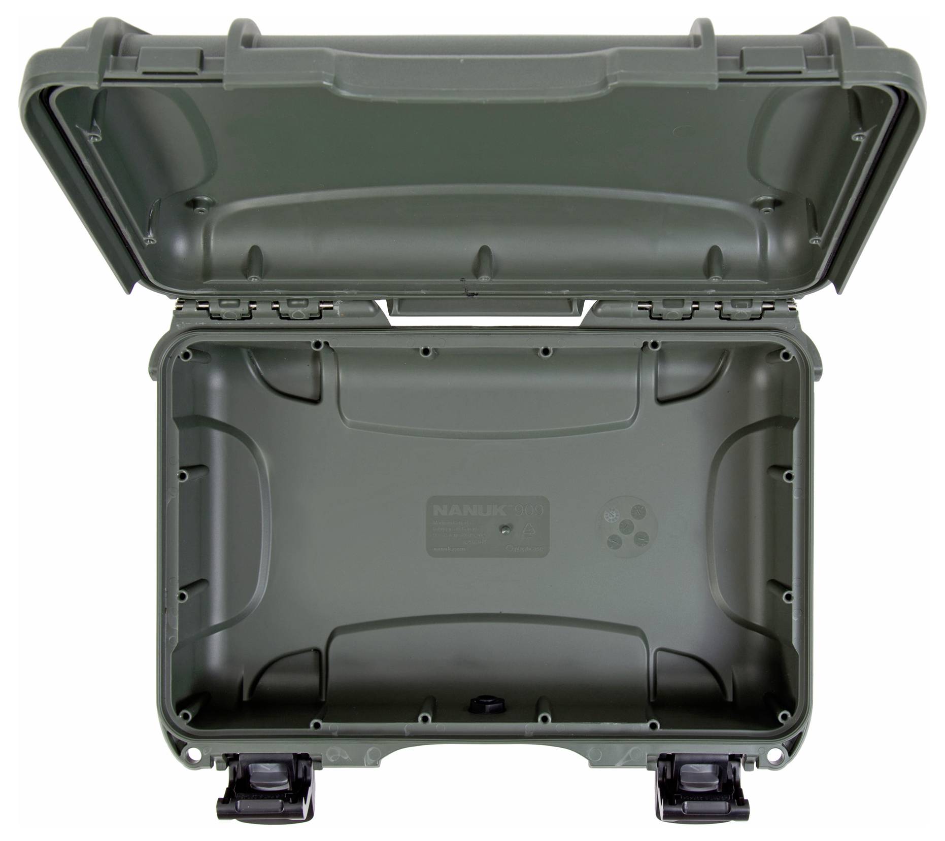 Otwarty, pusty, solidny zielony kufer z dwoma czarnymi zamkami, prawdopodobnie przeznaczony do bezpiecznego transportu delikatnych przedmiotów.