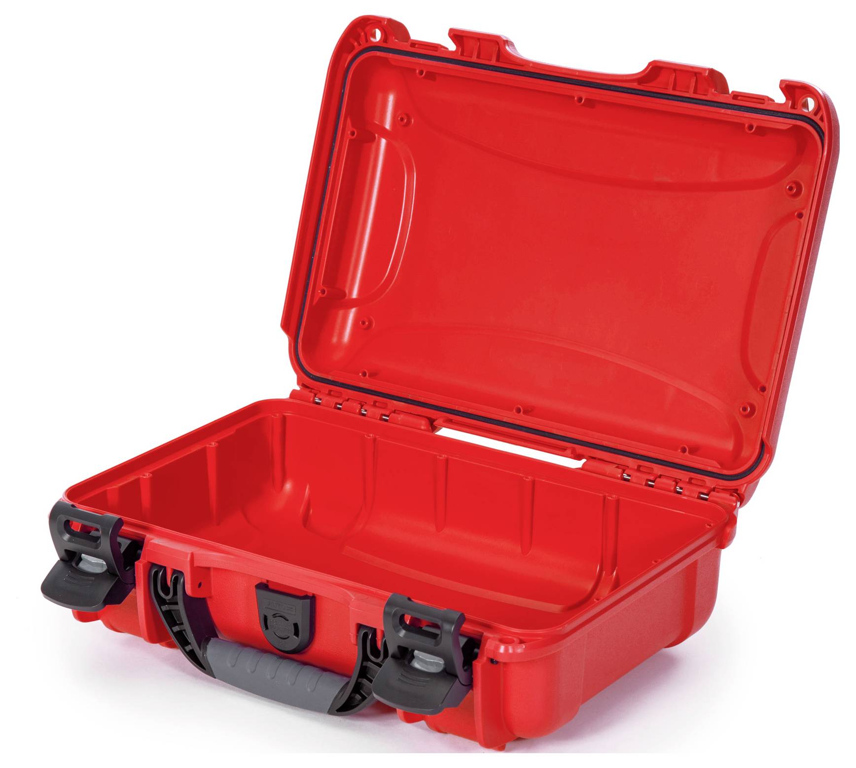 Czerwona, otwarta plastikowa walizka z zatrzaskami i uchwytem, odpowiednia do bezpiecznego przechowywania lub transportu przedmiotów.