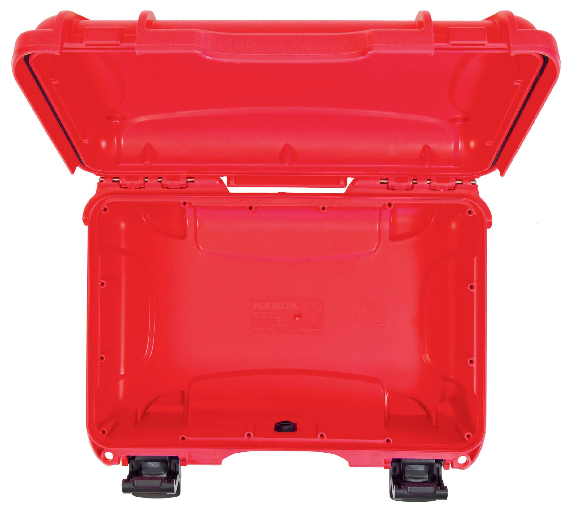Czerwony, otwarty kontener transportowy z wytrzymałą obudową z tworzywa sztucznego; składany uchwyt i dwa zatrzaski z przodu.