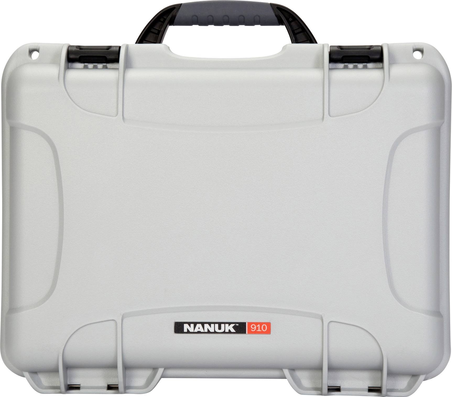 Szary, twardy kufer z napisem 'Nanuk 910' z przodu. Kufer posiada mocny uchwyt na górze.