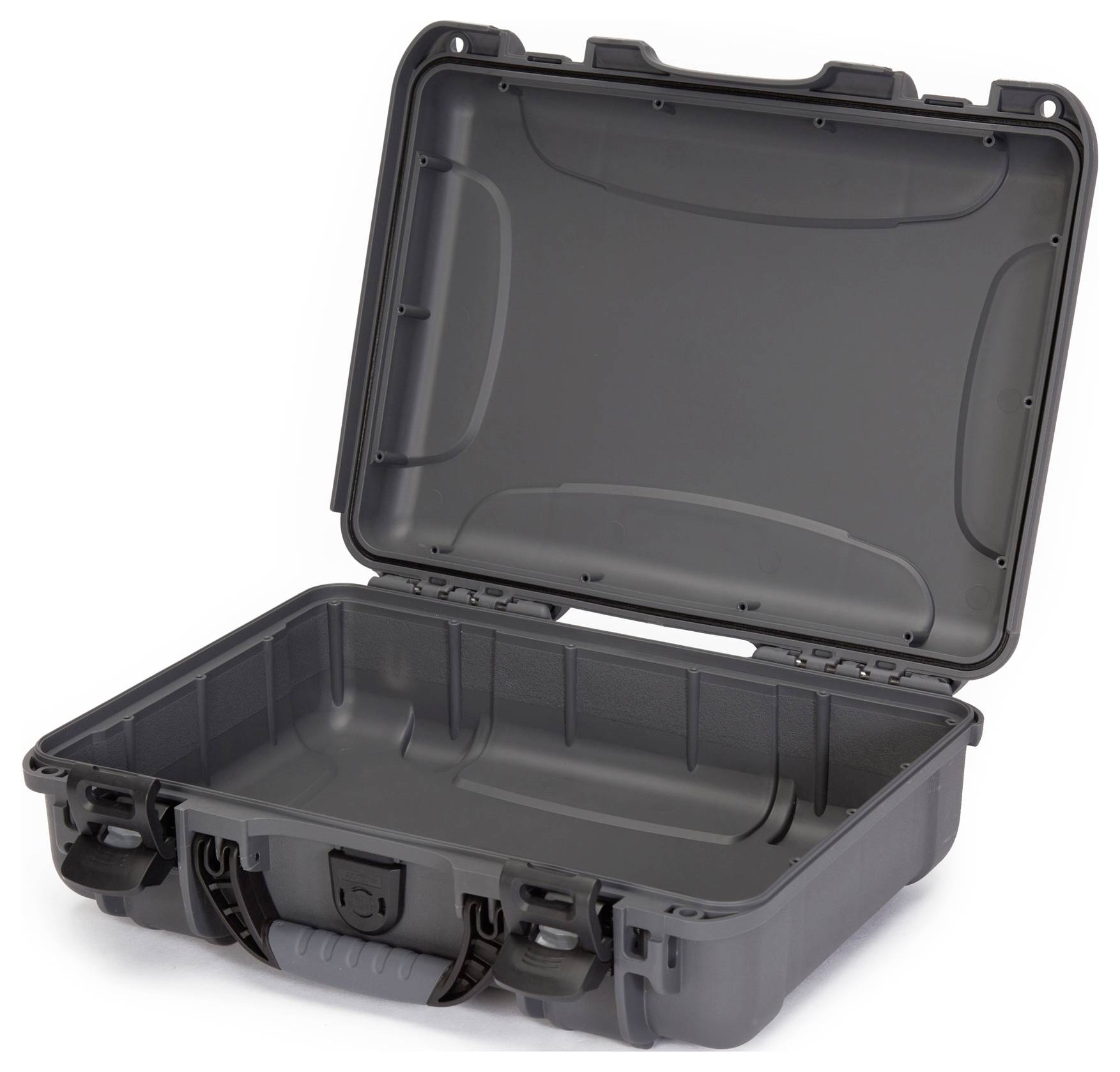 Otwarty, pusty, szary twardy kontener z tworzywa sztucznego. Idealny jako ochronne rozwiązanie transportowe dla delikatnego sprzętu.