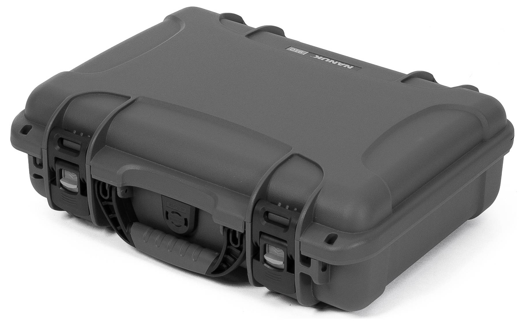 Stabilny, szary twardy kufer z uchwytem i dwoma zamkami, odpowiedni do bezpiecznego transportu delikatnych przedmiotów.