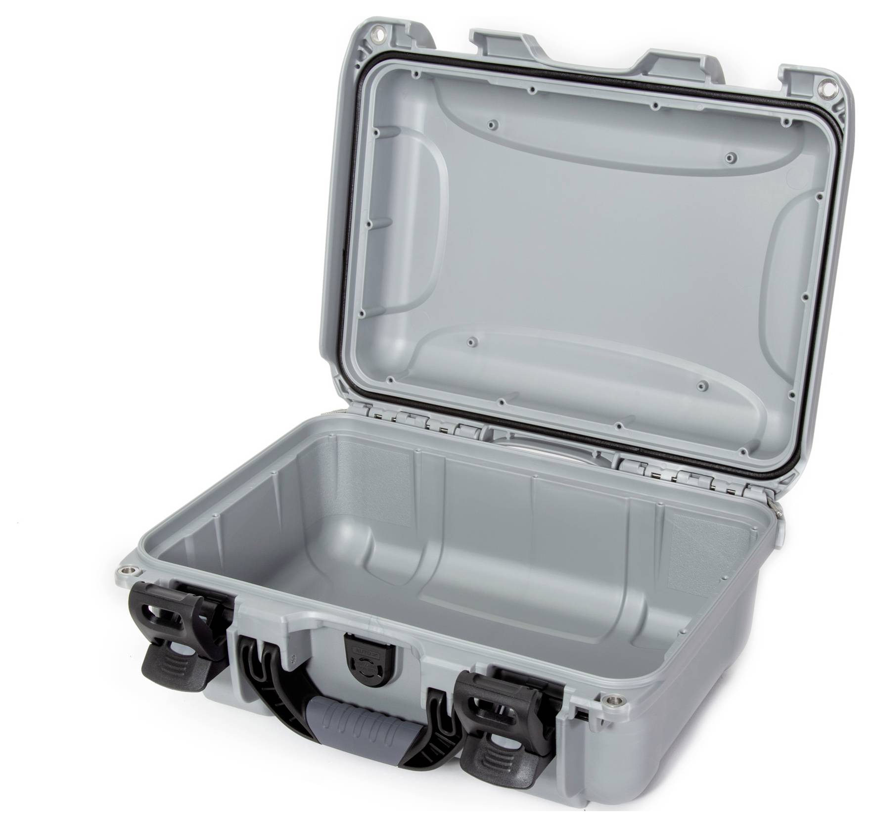 Szary, otwarty twardy kufer z solidnymi zamknięciami i uchwytem do przenoszenia. Odpowiedni do bezpiecznego transportu delikatnych przedmiotów.