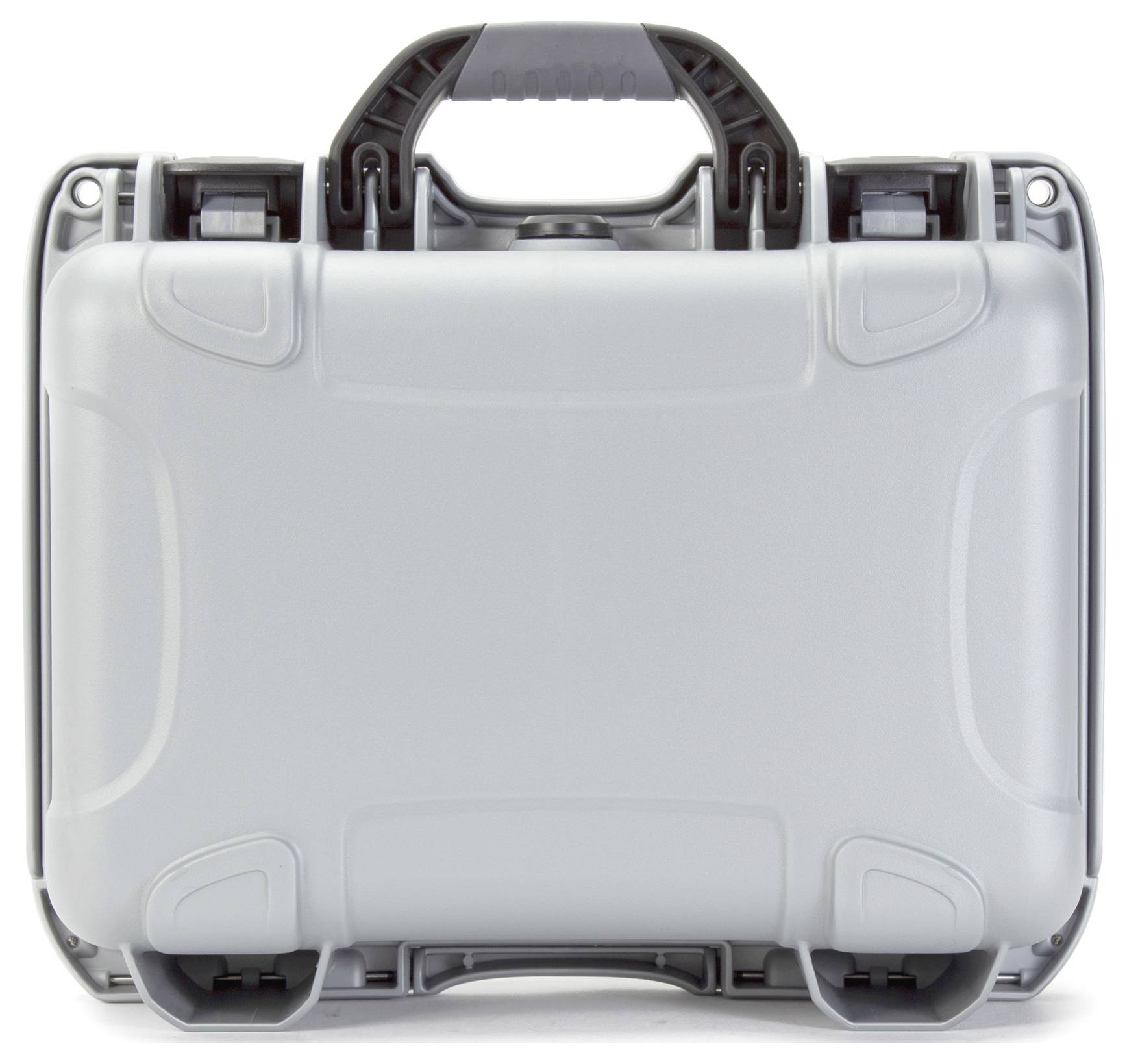 Szary, wytrzymały kufer z tworzywa sztucznego z wbudowaną rączką i zamknięciami, odpowiedni do bezpiecznego transportu wyposażenia.