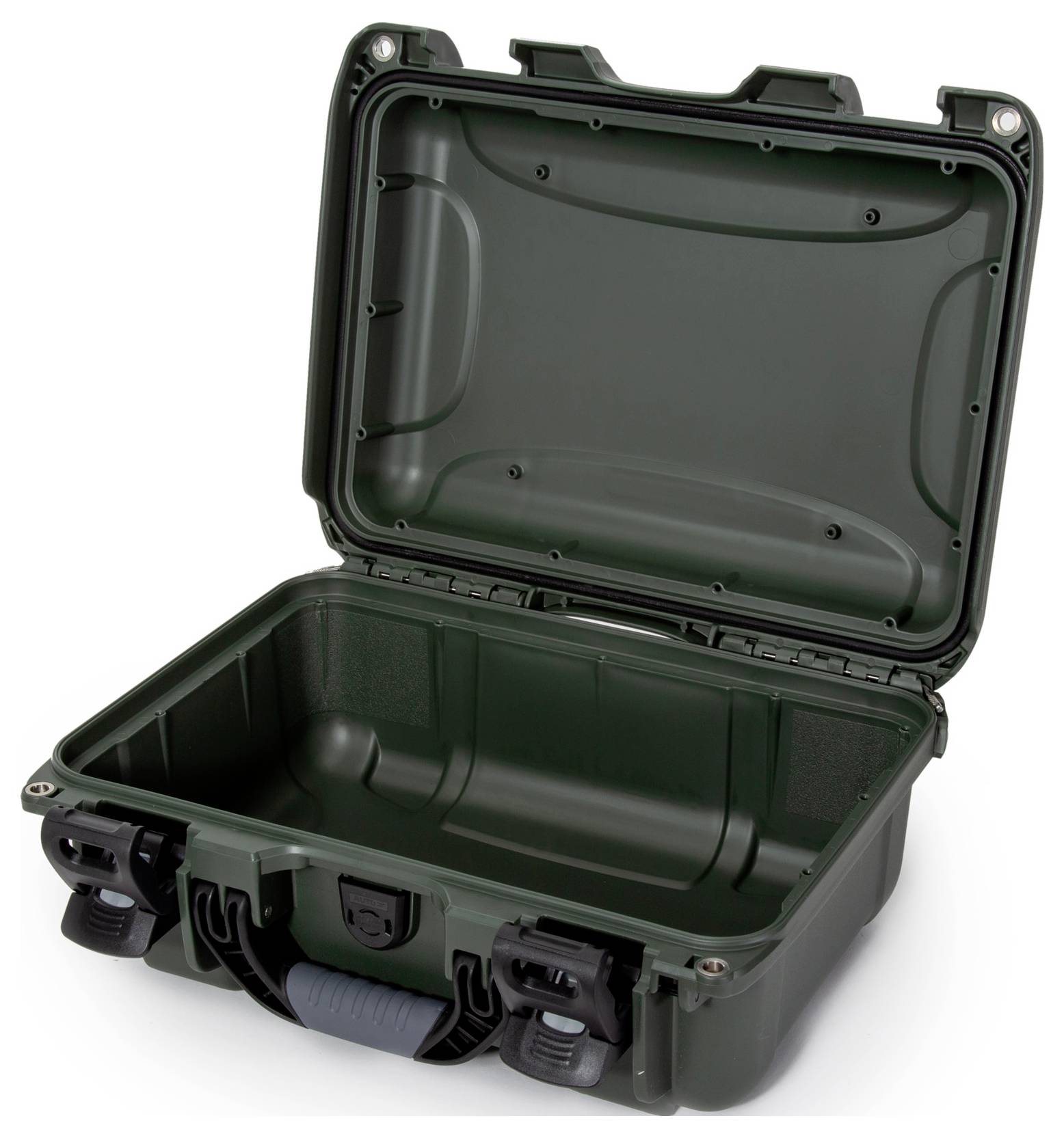 Otwarty oliwkowozielony kufer ochronny z tworzywa sztucznego z uchwytem i zapięciami, odpowiedni do bezpiecznego przechowywania delikatnych przedmiotów.