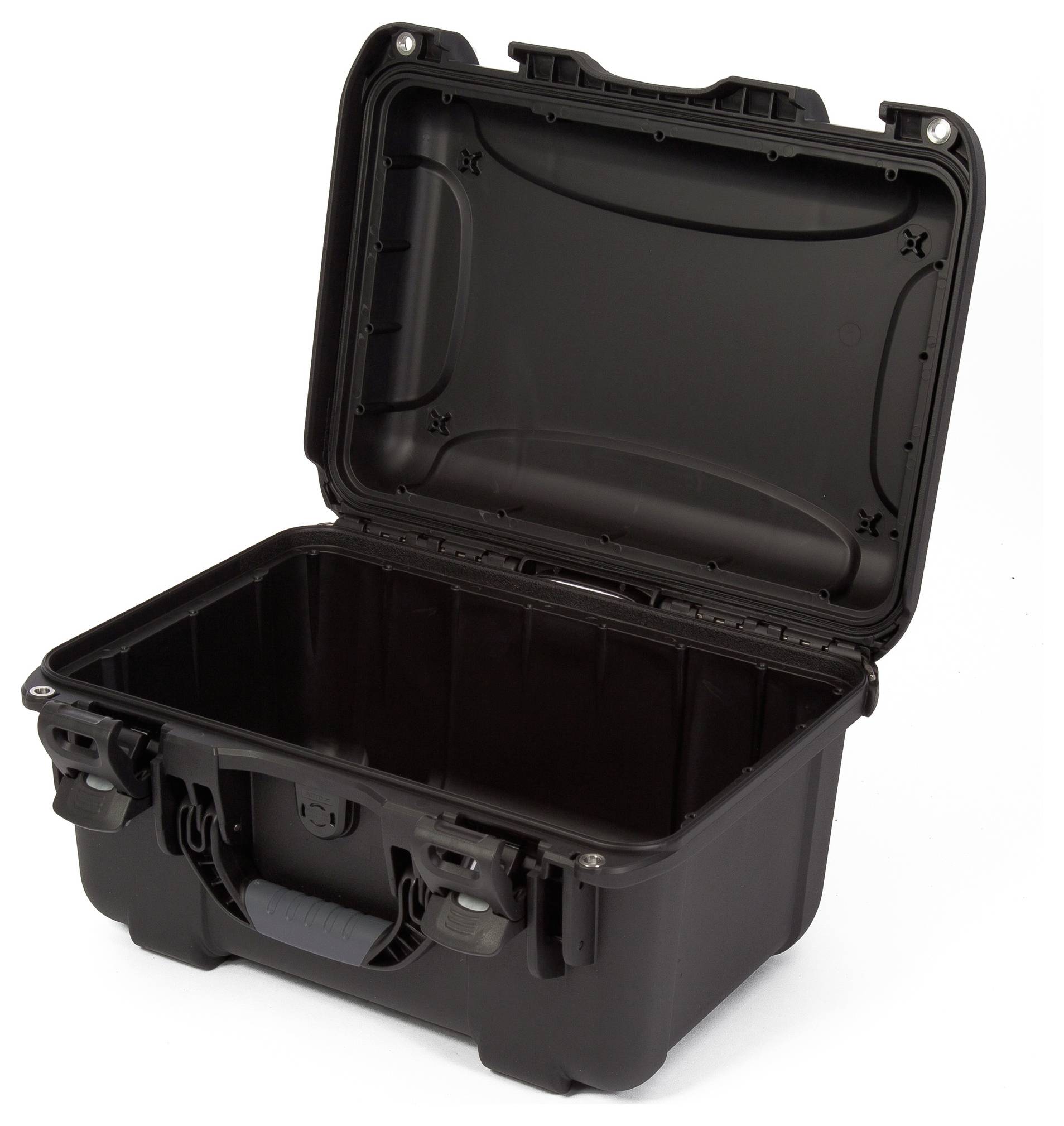 Czarny, otwarty, twardy kufer pokazuje swoje wnętrze. Kufer nadaje się do bezpiecznego transportu delikatnych przedmiotów.