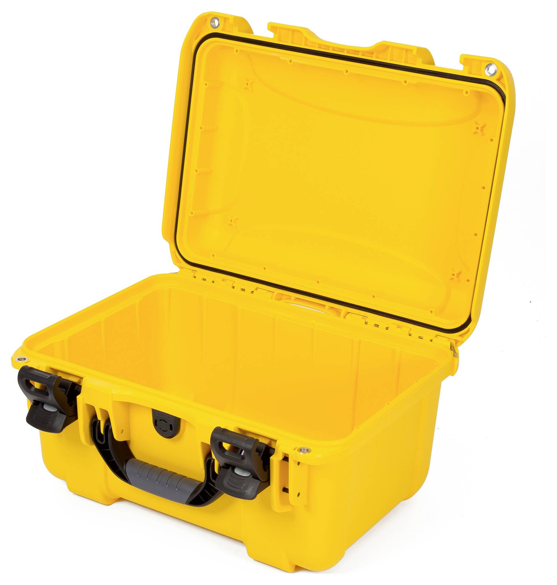 Żółty, otwarty kufer ochronny wykonany z wytrzymałego tworzywa sztucznego, wyposażony w czarny uchwyt i zamki, odpowiedni do bezpiecznego transportu delikatnych przedmiotów.