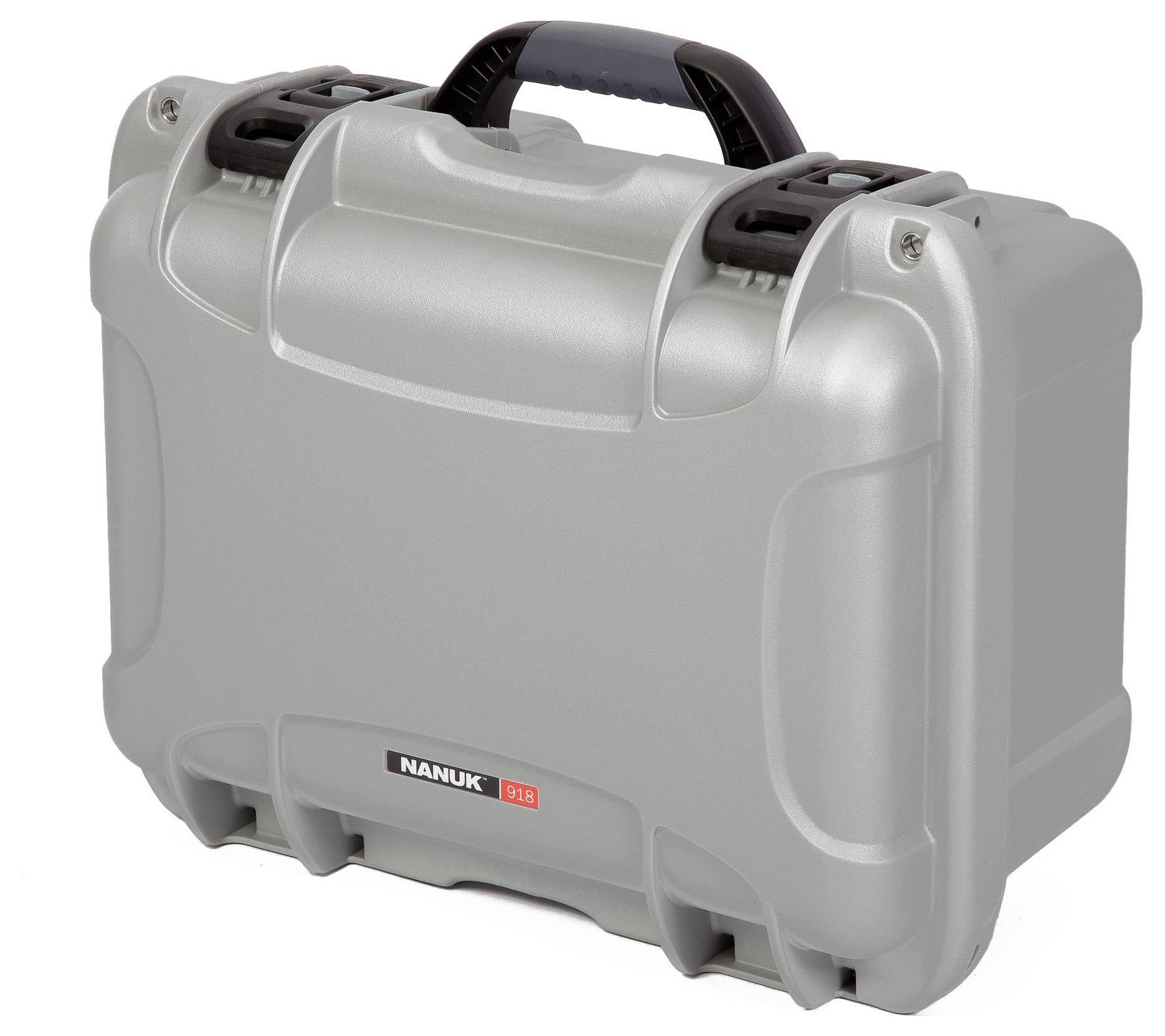 Szary, wytrzymały kufer ochronny z czarnymi uchwytami, idealny do bezpiecznego transportu delikatnego sprzętu. Marka: Nanuk 915.