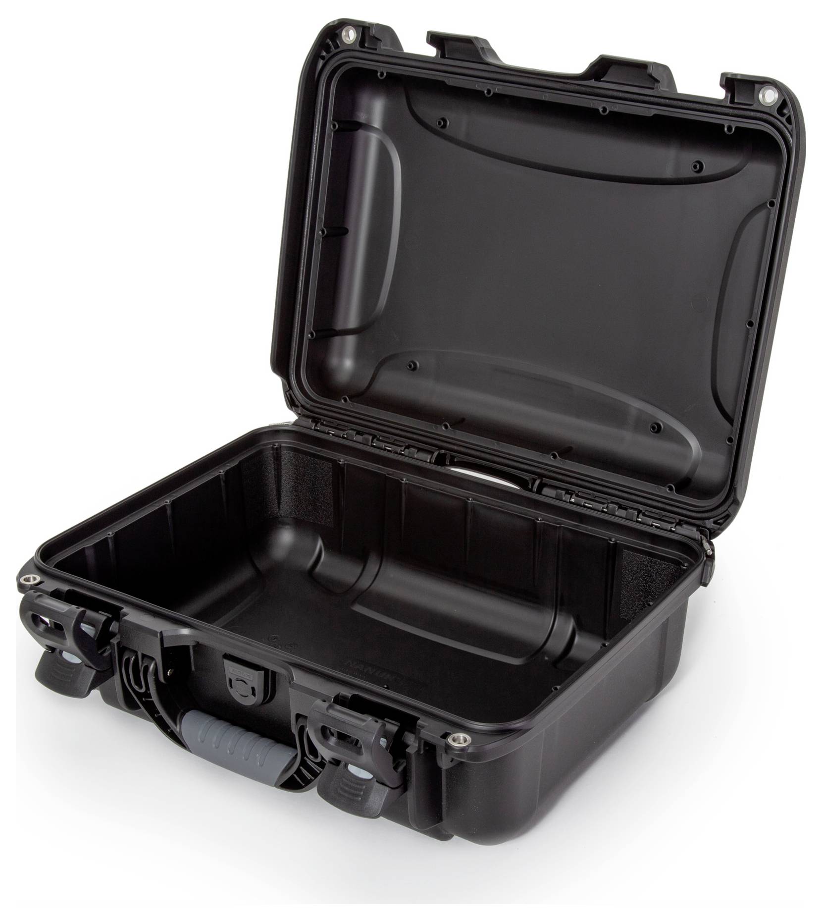 Czarny, otwarty twardy kufer z tworzywa sztucznego z uchwytem, odpowiedni do bezpiecznego przechowywania lub transportu delikatnych przedmiotów.