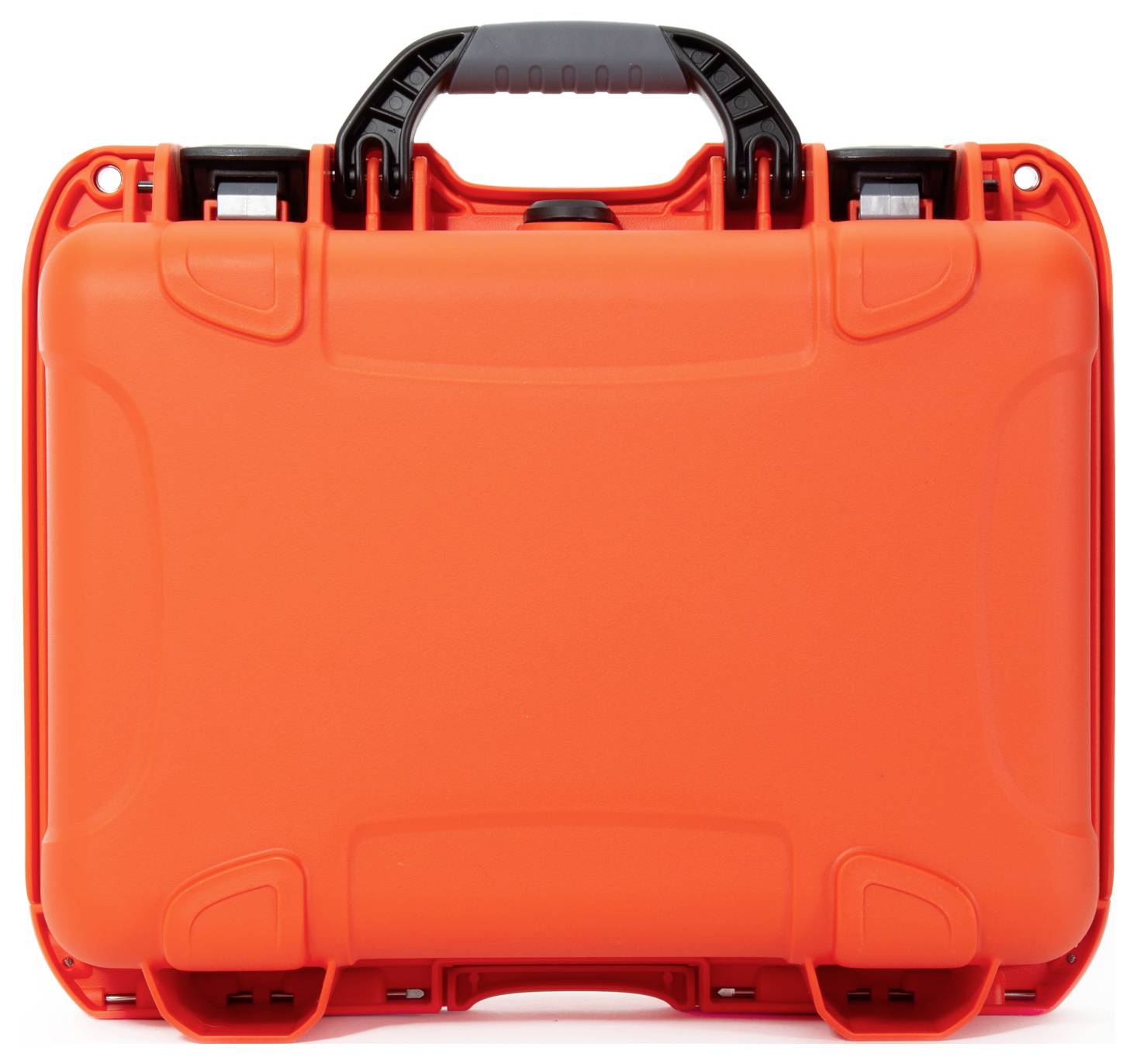 Pomarańczowa walizka ochronna z czarną rączką, solidna i prostokątna, prawdopodobnie przeznaczona do przechowywania lub transportu delikatnych przedmiotów.