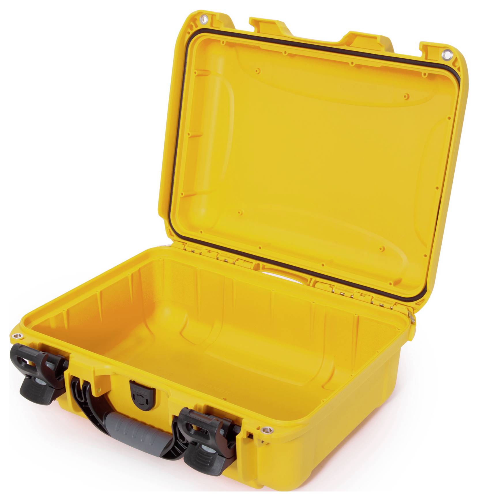 Żółta, otwarta twarda walizka bez zawartości. Walizka posiada czarne zamki i czarny uchwyt.