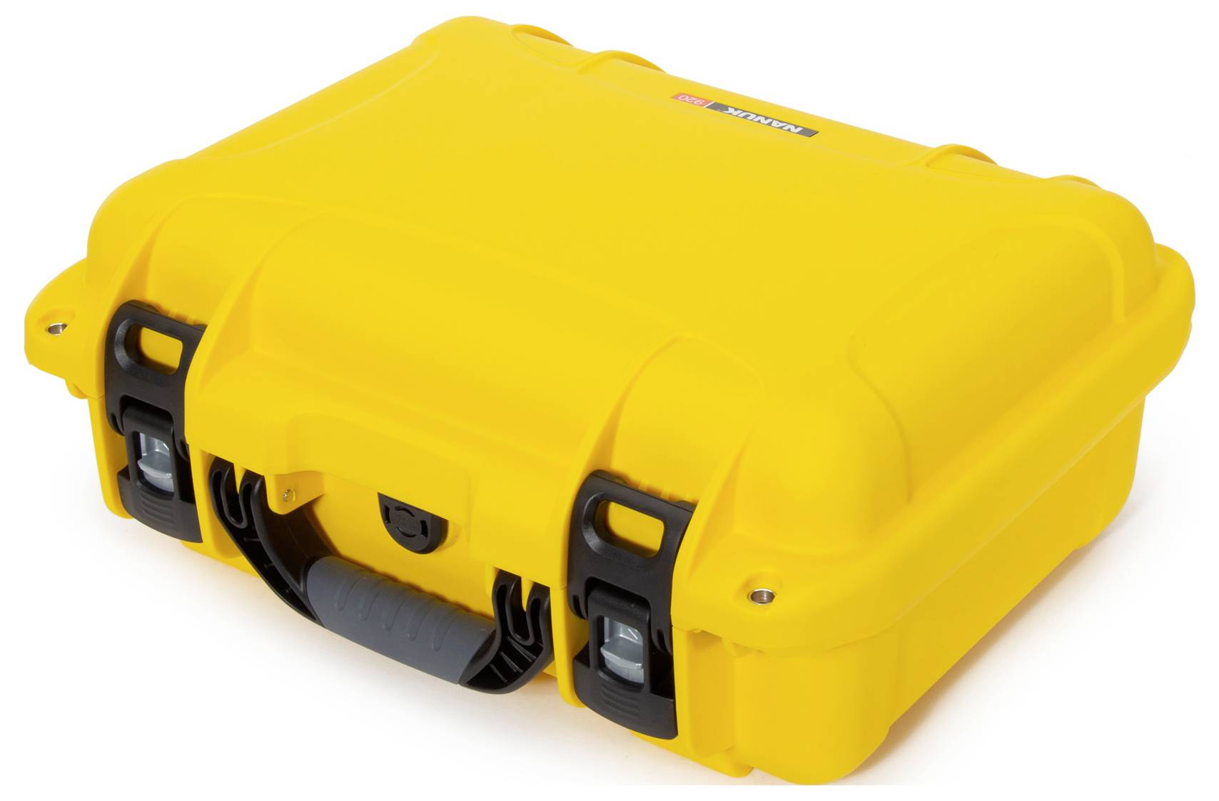 Żółty, wytrzymały kuferek z tworzywa sztucznego z czarną rączką i czarnymi zamknięciami, idealny do bezpiecznego przechowywania lub transportu.