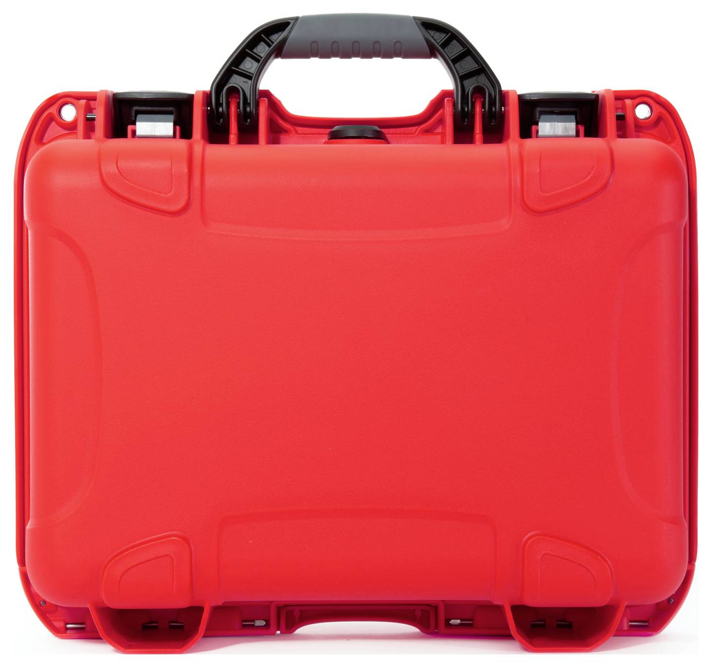 Czerwona, stabilna walizka twardoskorupowa z czarną rączką, ustawiona w pozycji stojącej, odpowiednia do bezpiecznego transportu delikatnych przedmiotów.