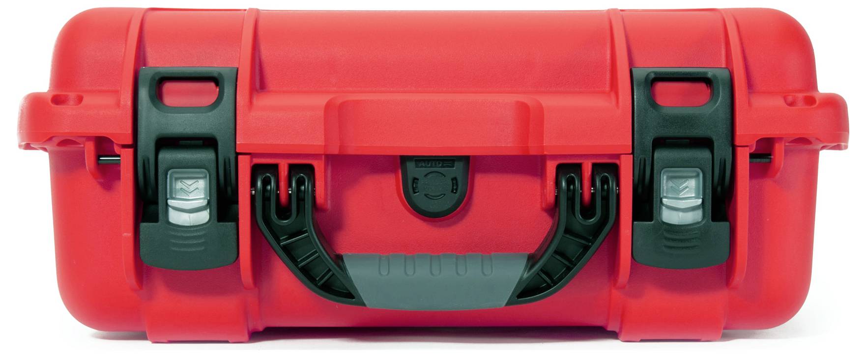 Czerwony, wytrzymały kufer transportowy z czarnymi zamknięciami i uchwytem, odpowiedni do bezpiecznego przewożenia delikatnego sprzętu.
