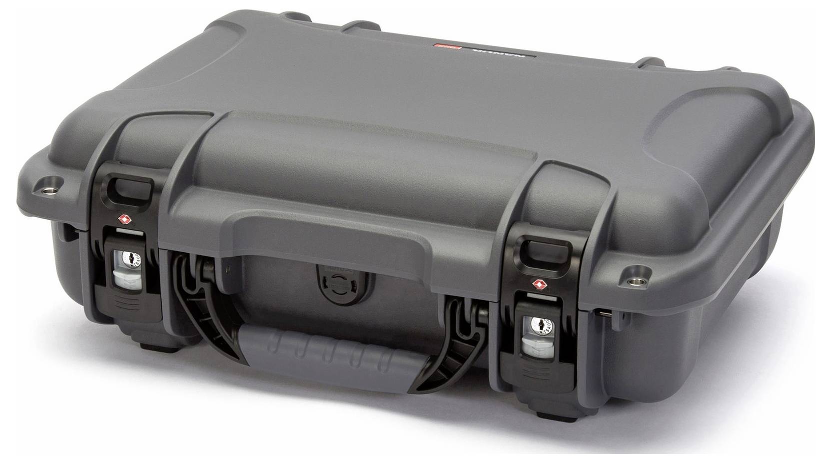 Solidny, czarny kufer ochronny z dwoma zamkami i uchwytem, idealny do bezpiecznego transportu delikatnych przedmiotów.