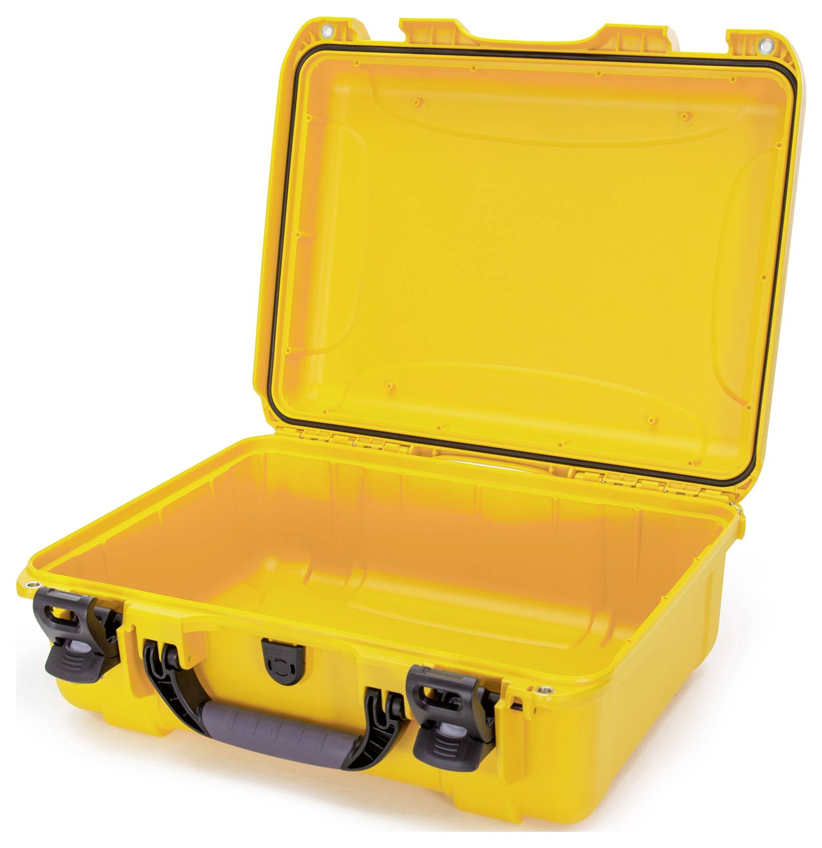 Żółty, otwarty kufer ochronny o wytrzymałej konstrukcji, z czarną rączką i zamknięciami. Idealny do bezpiecznego transportu delikatnych przedmiotów.