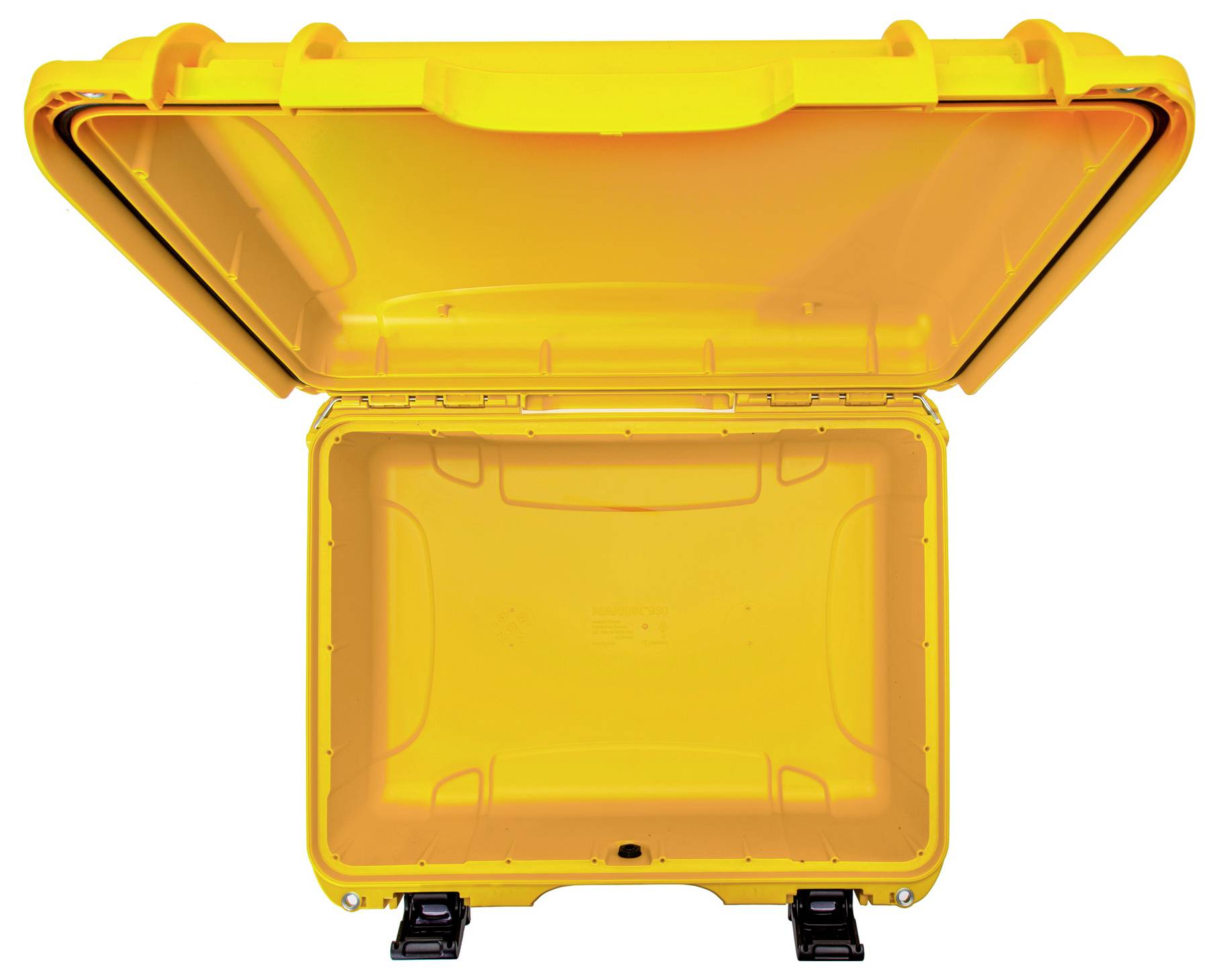 Żółty kufer ochronny z otwartą pokrywą. Kufer jest pusty i wykonany z wytrzymałego materiału, odpowiedni do bezpiecznego transportu przedmiotów.
