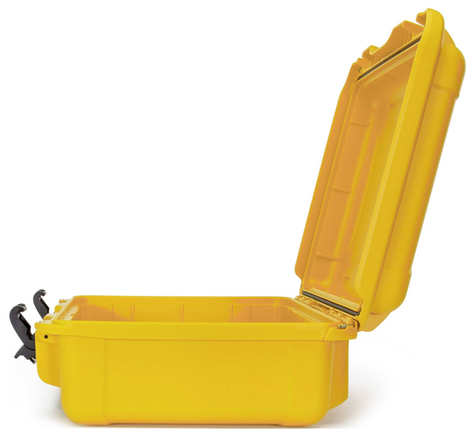 Żółty, otwarty twardy kufer z wytrzymałą konstrukcją, odpowiedni do ochrony delikatnego sprzętu podczas transportu.