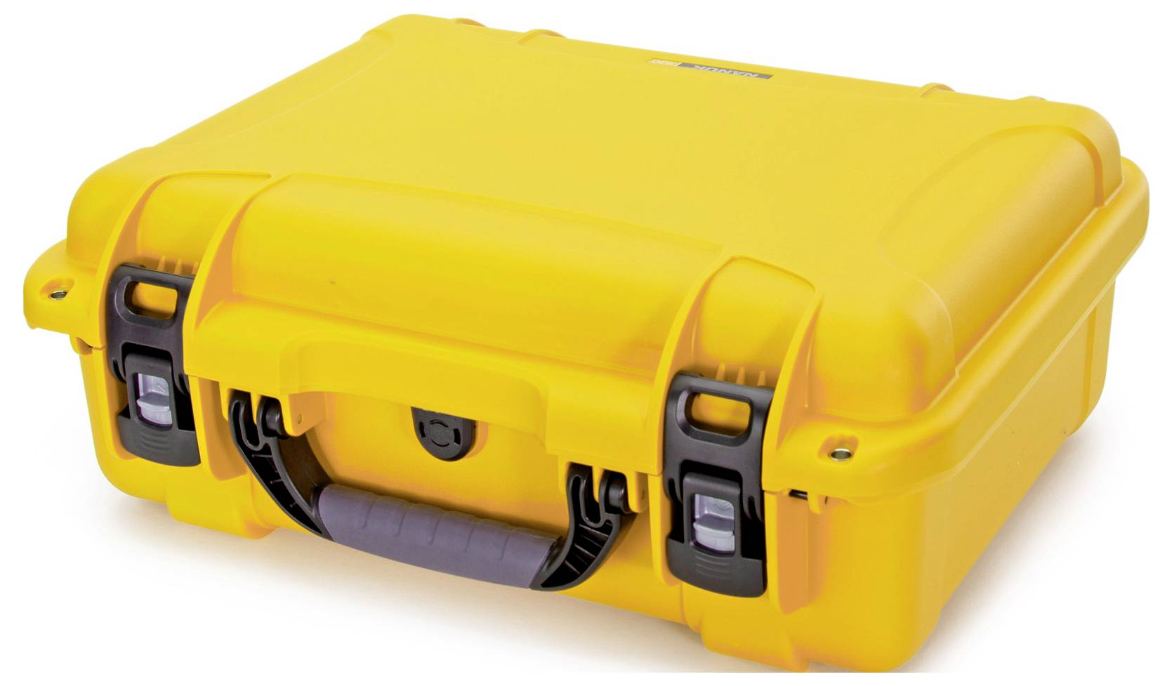 Żółty, wytrzymały kufer transportowy z czarnym uchwytem i klamrami, odpowiedni do bezpiecznego przechowywania delikatnych przedmiotów.