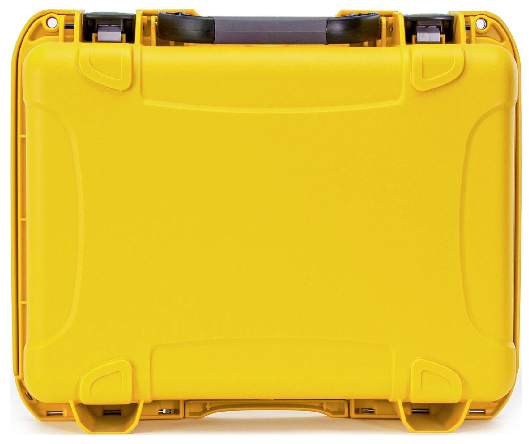 Żółta, wytrzymała walizka z zaokrąglonymi narożnikami, odpowiednia do bezpiecznego transportu i ochrony delikatnych przedmiotów.