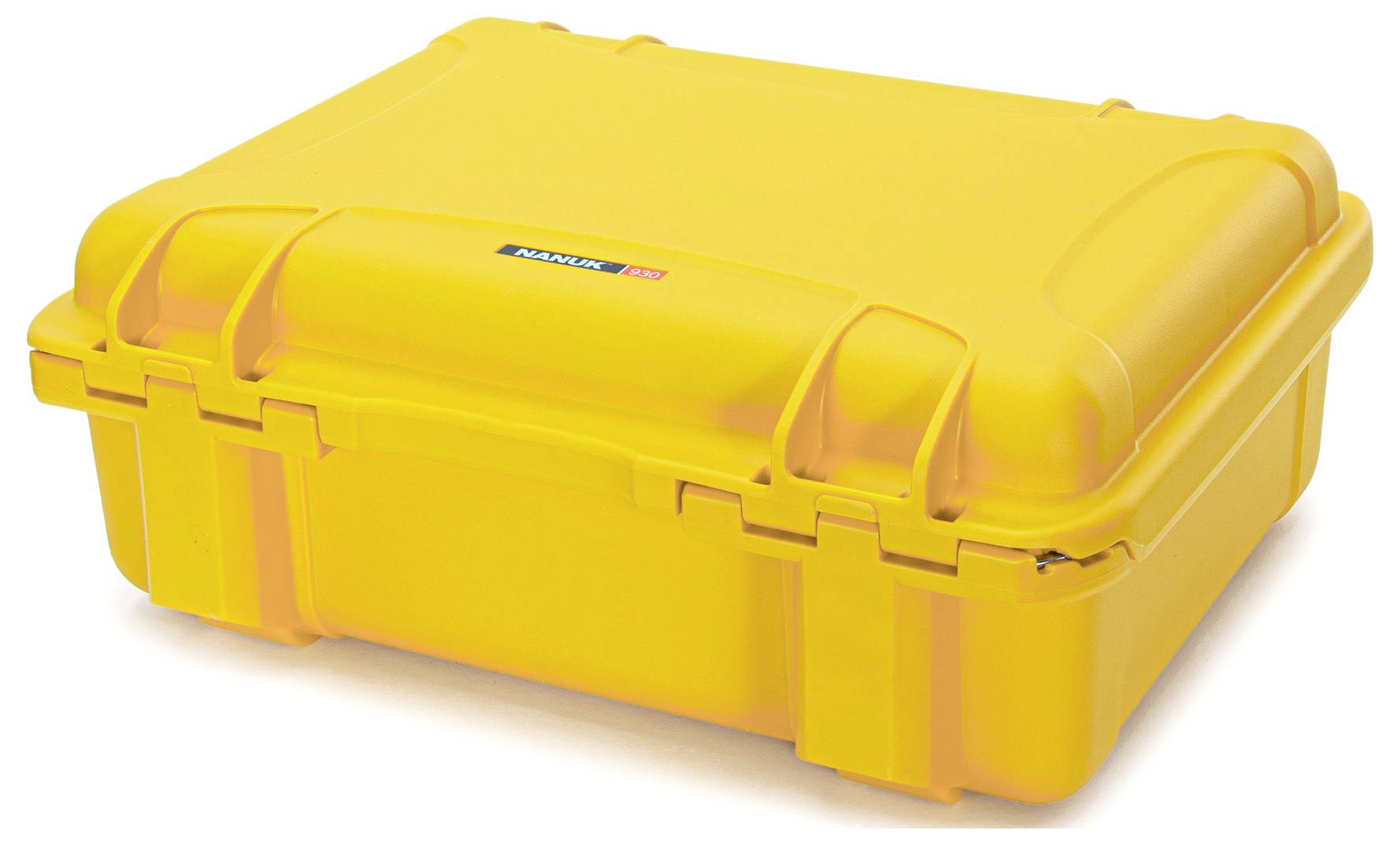 Żółta, wytrzymała walizka z uchwytem i zatrzaskami, odpowiednia do zabezpieczania delikatnego sprzętu.