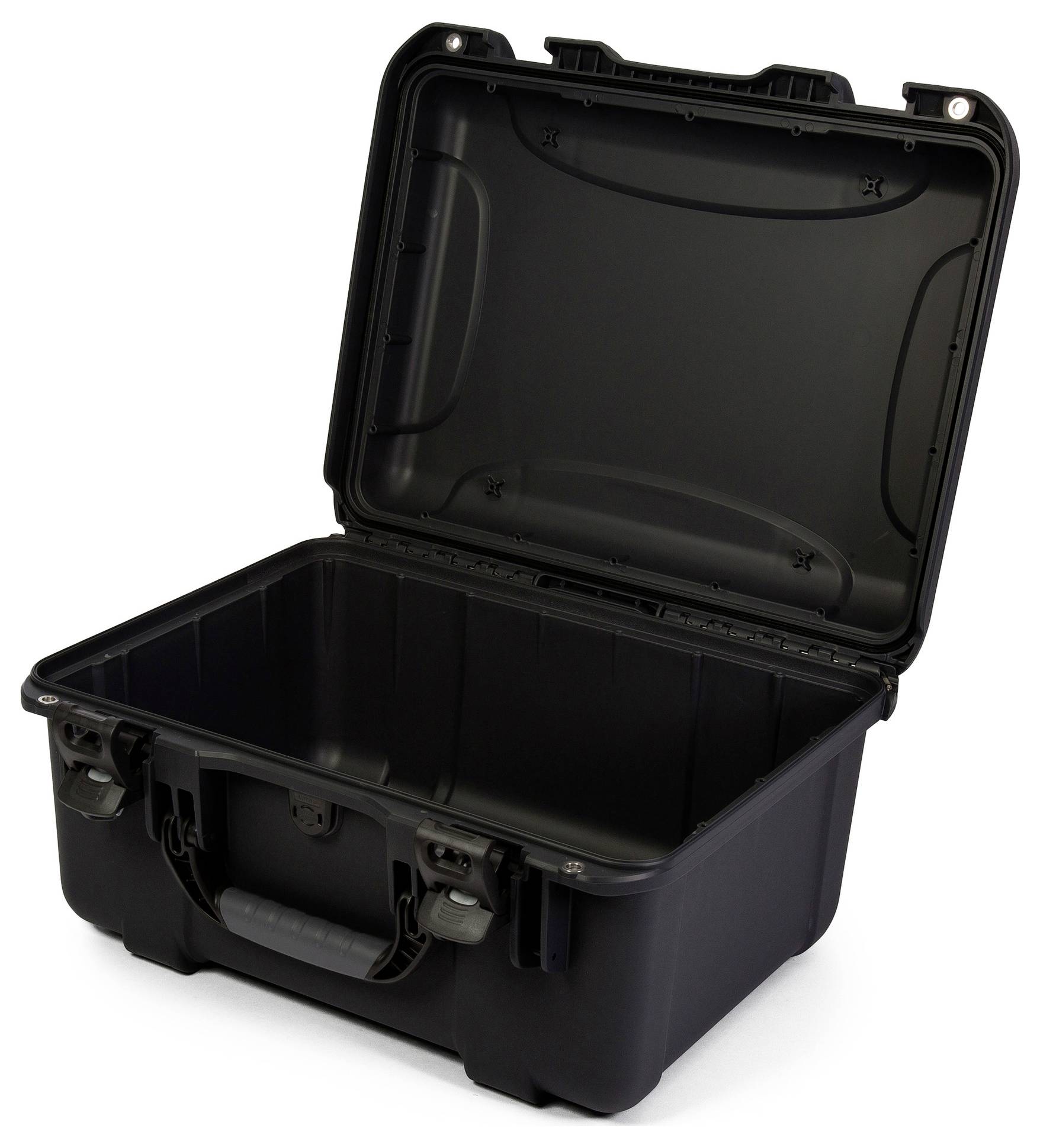 Otwarty czarny twardy kufer, solidny i przestronny, odpowiedni do bezpiecznego transportu delikatnego sprzętu.