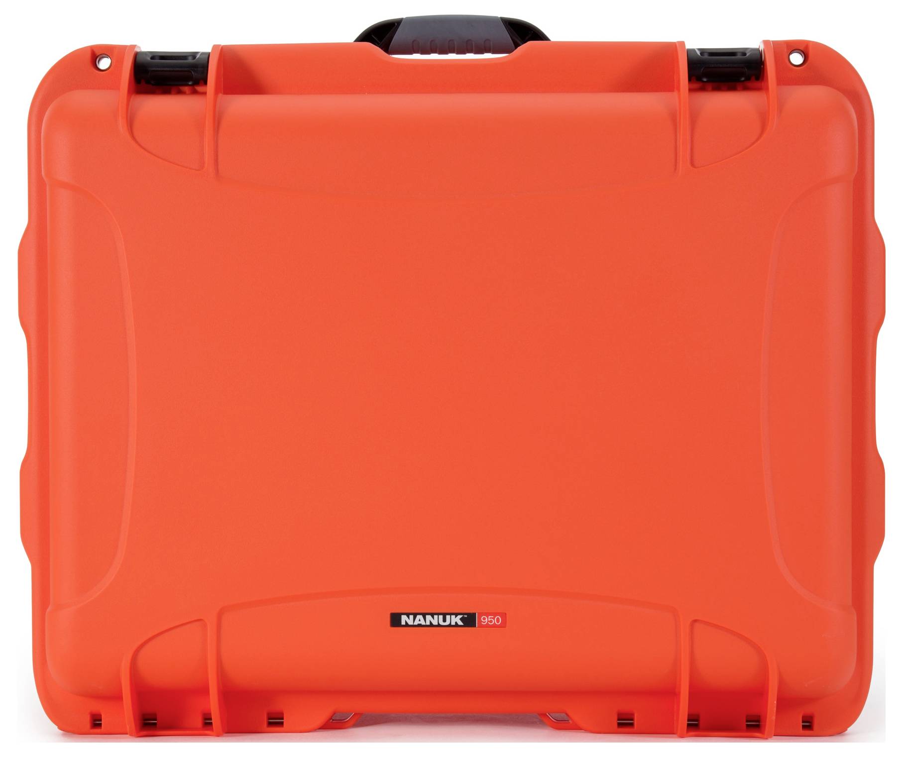 Świecący pomarańczowy kufer ochronny o wytrzymałej konstrukcji. Kufer posiada czarny uchwyt, a logo 'NANUK 950' jest widoczne z przodu.