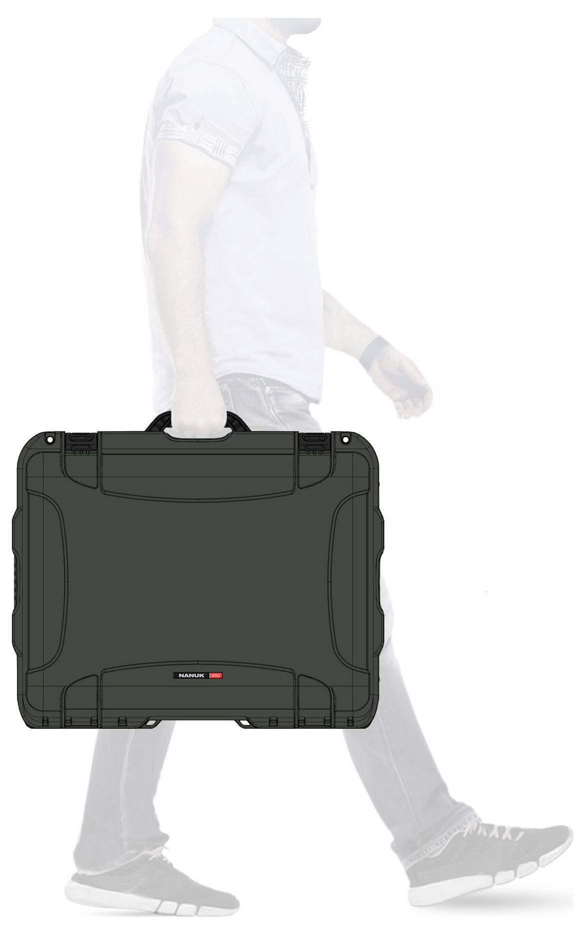 Osoba niesie duży, czarny kufer o solidnej konstrukcji. Fokus spoczywa na walizce, która emanuje profesjonalizmem.