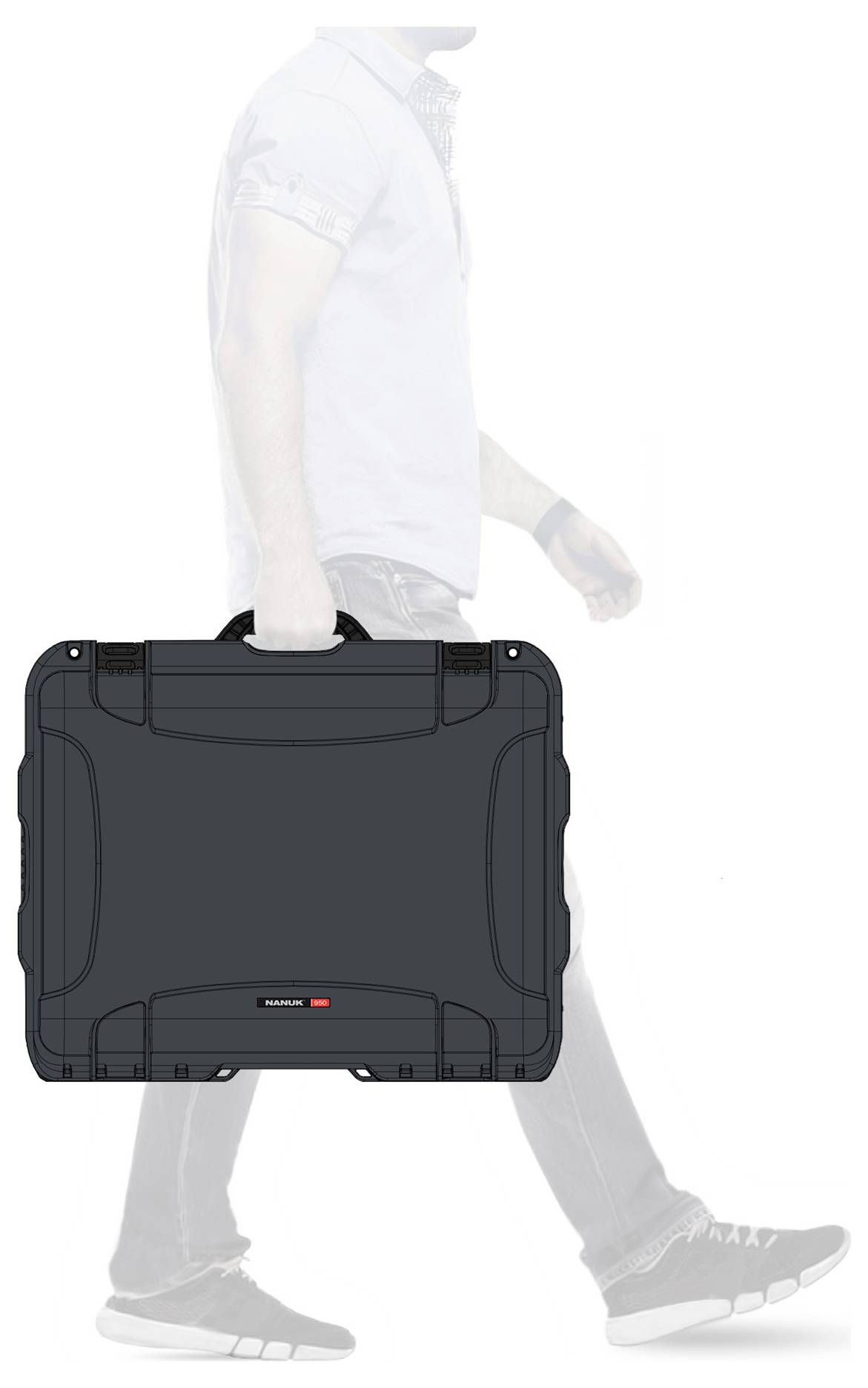 Osoba niesie czarną walizkę z mocnym uchwytem w ręku, podczas gdy biegnie. Walizka ma zaokrąglone rogi i jest solidnej konstrukcji.