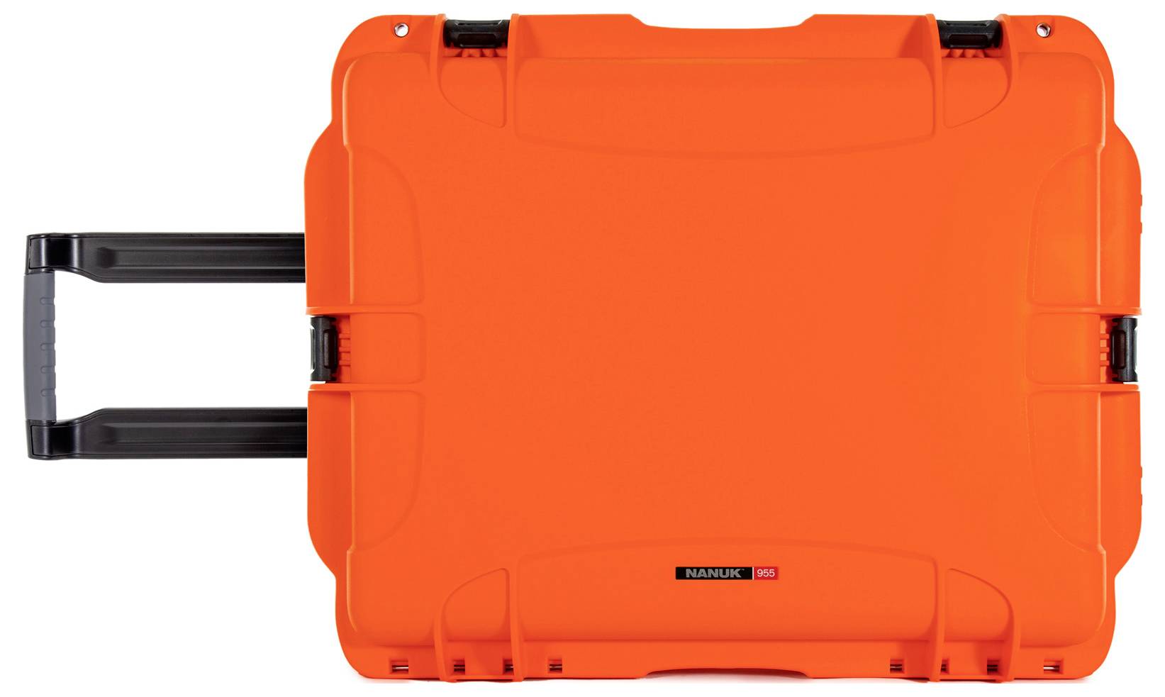 Świecąca pomarańczowa walizka twarda z dwoma czarnymi uchwytami, jeden do ciągnięcia, drugi do noszenia.