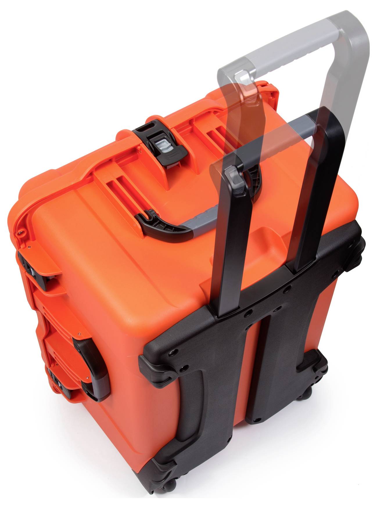 Czerwona walizka twarda z wysuwaną rączką i kółkami, odpowiednia do transportu ciężkich przedmiotów.