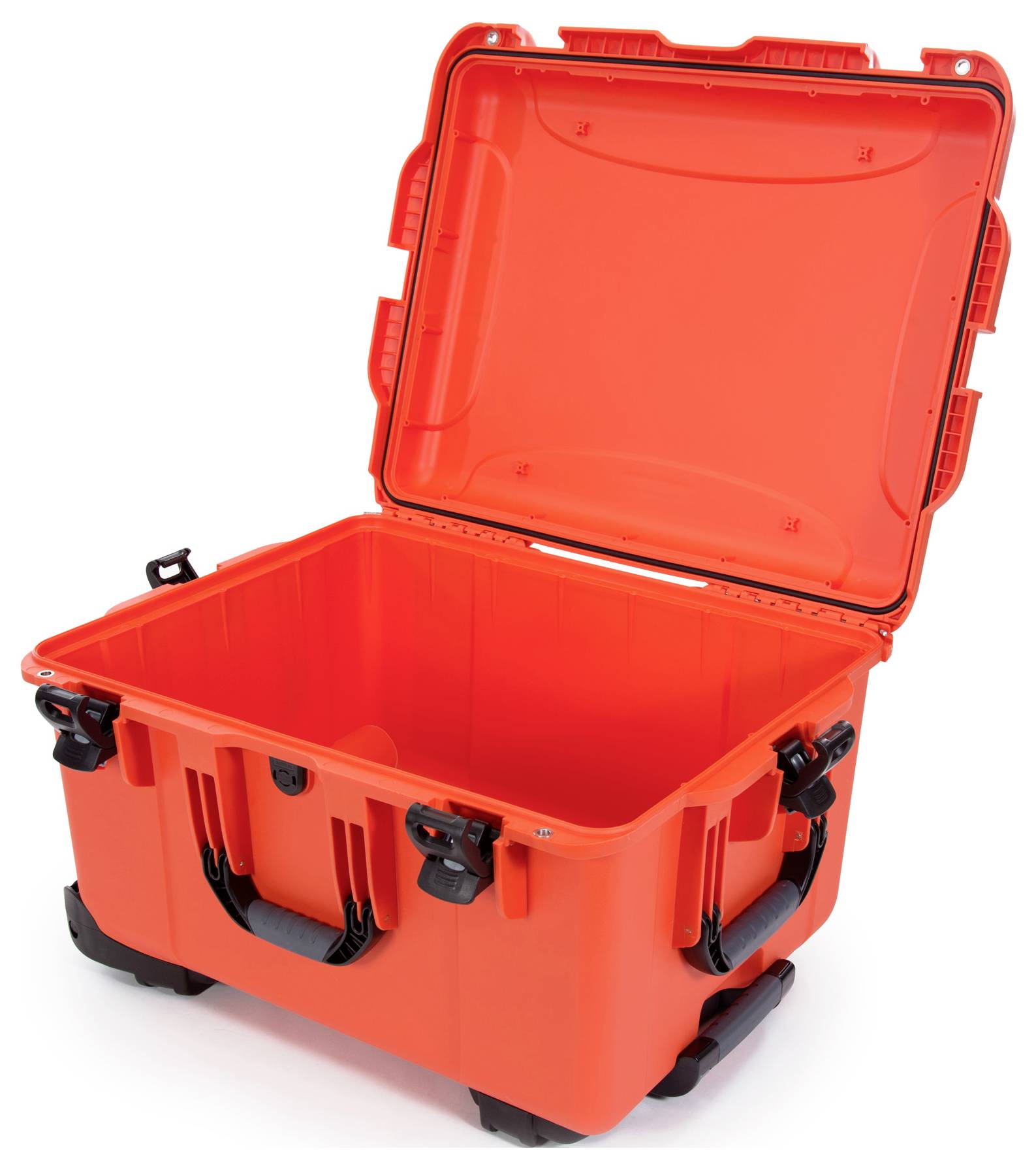 Jaskrawo czerwona, otwarta walizka twarda z solidnymi zamkami i uchwytami. Idealna do bezpiecznego transportu.