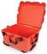 Jaskrawo czerwona, otwarta walizka twarda z solidnymi zamkami i uchwytami. Idealna do bezpiecznego transportu.