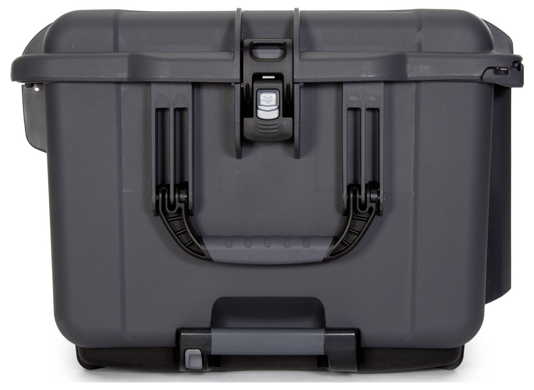 Ciemnoszara, wytrzymała walizka z solidnymi uchwytami i zamkiem, idealna do bezpiecznego transportu lub ochrony delikatnych przedmiotów.