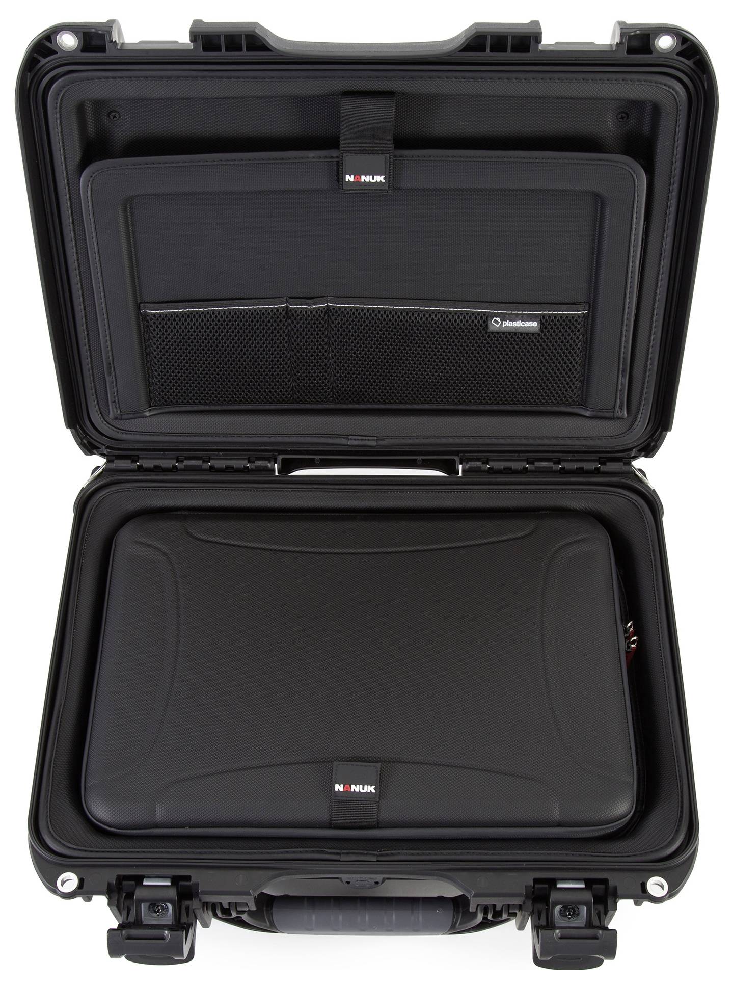 Czarny, otwarty kuferek prezentuje kieszenie wewnętrzne oraz komorę na laptopa, zapewniając bezpieczny transport urządzeń elektronicznych.