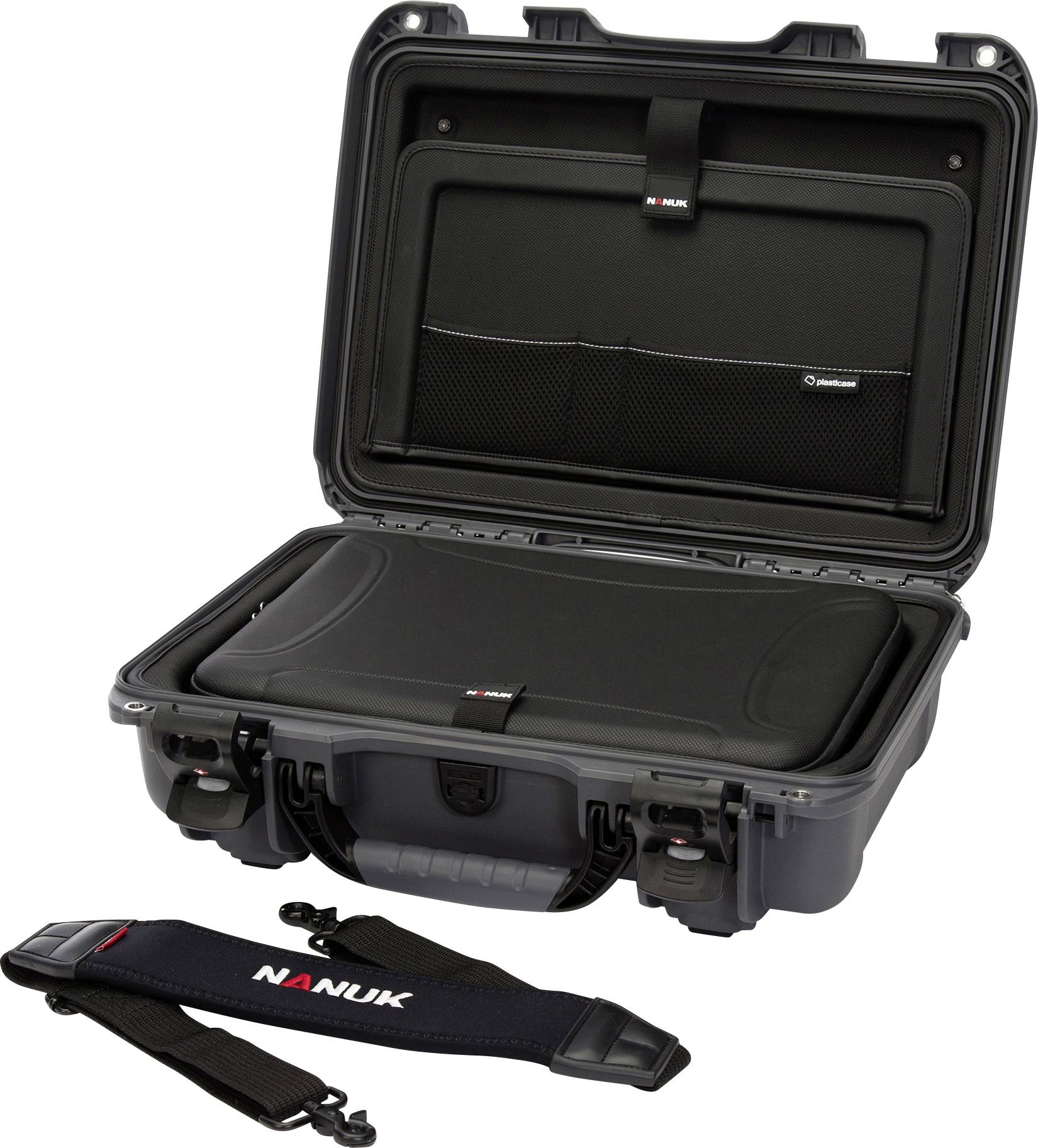 Otwarty czarny twardy kufer z wyściełanym wnętrzem i paskiem na ramię, odpowiedni do bezpiecznego transportu delikatnego sprzętu.