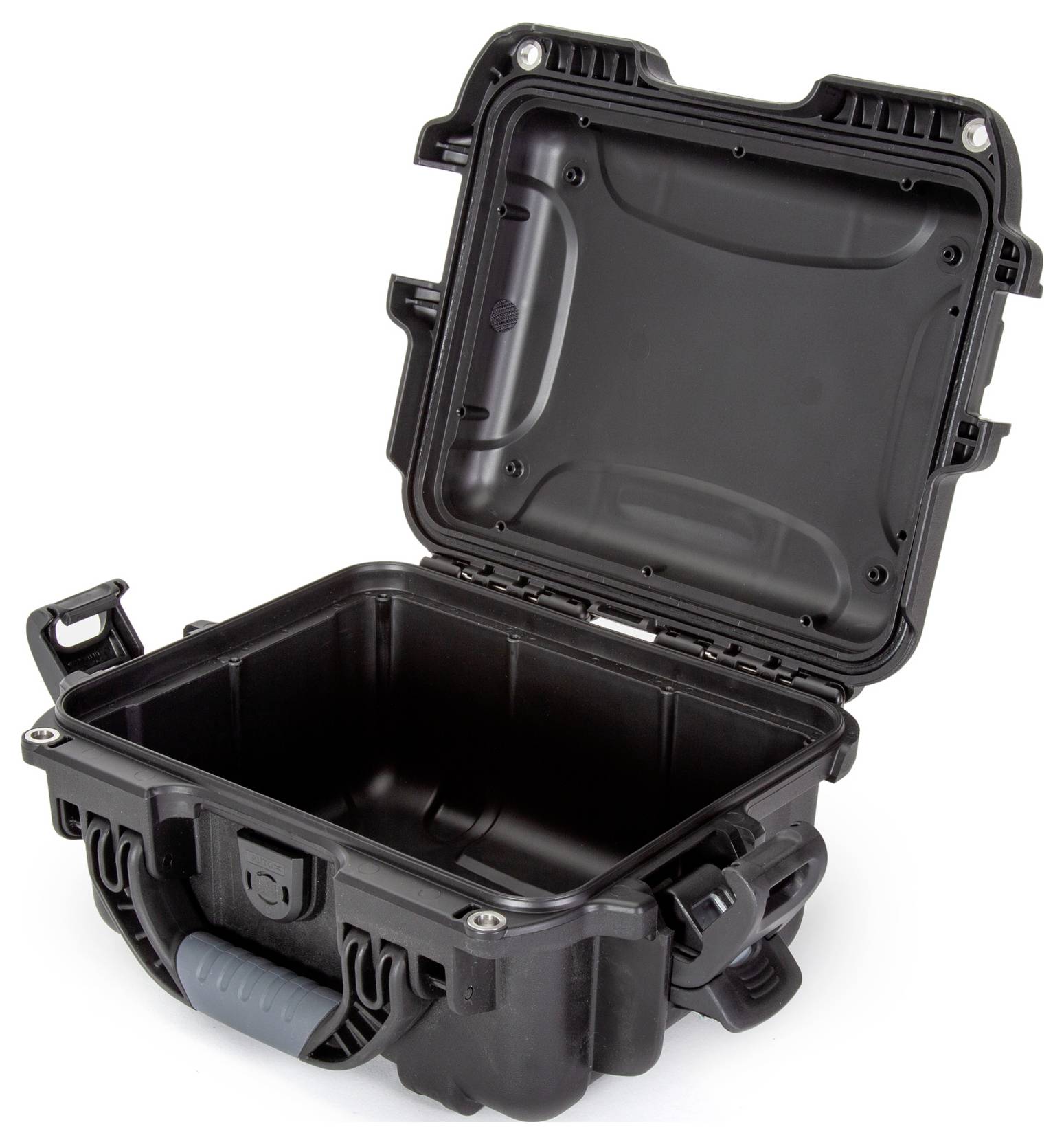 Otwarty, czarny, solidny kufer z wyściółką z pianki i wytrzymałym uchwytem, idealny do bezpiecznego transportu delikatnego sprzętu.