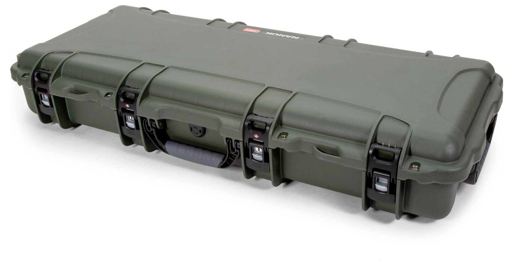 Zielony, podłużny twardy kufer z uchwytem i kilkoma zamkami, odpowiedni do bezpiecznego transportu delikatnego sprzętu.