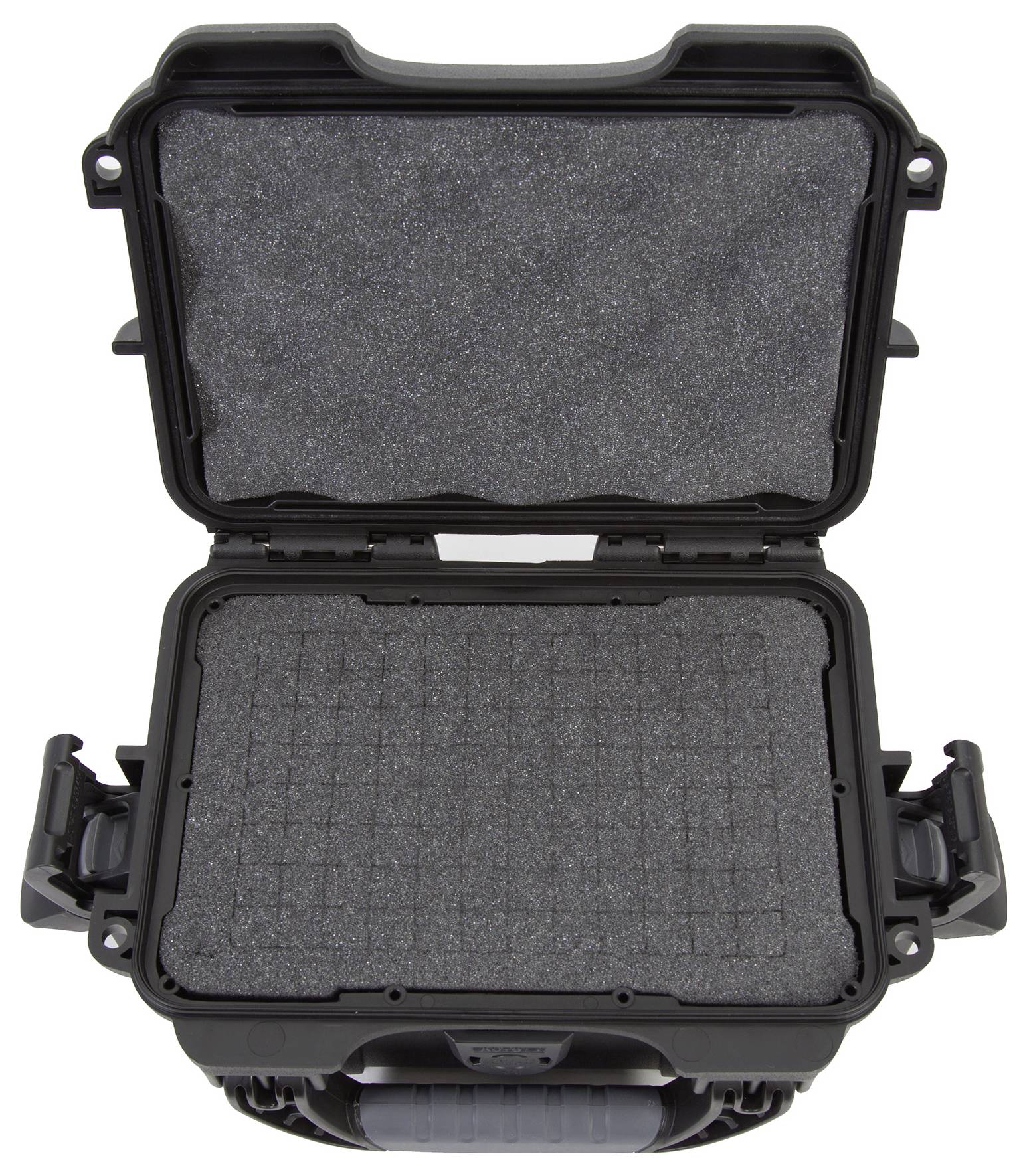 Otwarty czarny twardy futerał z wyściółką piankową wewnątrz, odpowiedni do bezpiecznego transportu delikatnych przedmiotów.