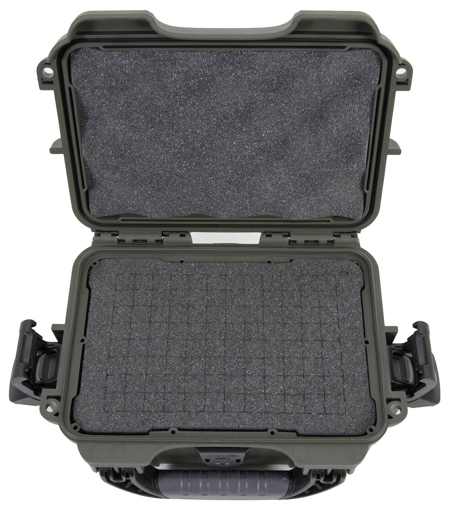 Otwarty, pusty, zielony kufer ochronny z wyściółką piankową.