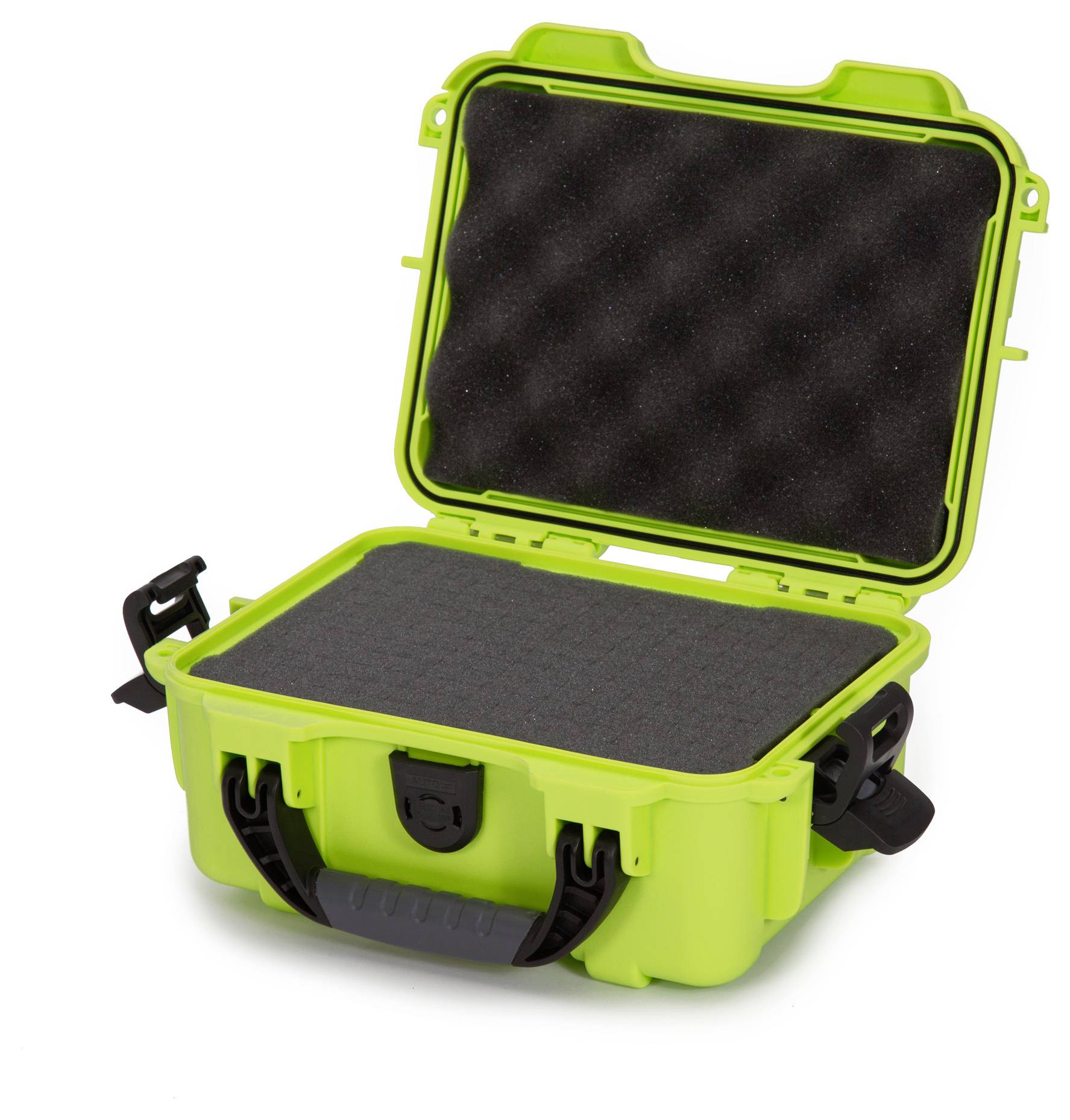 Zielona, otwarta osłona z zielonym otwarciem, ukazująca czarną gąbkę. Odpowiednia do bezpiecznego przechowywania delikatnych przedmiotów.