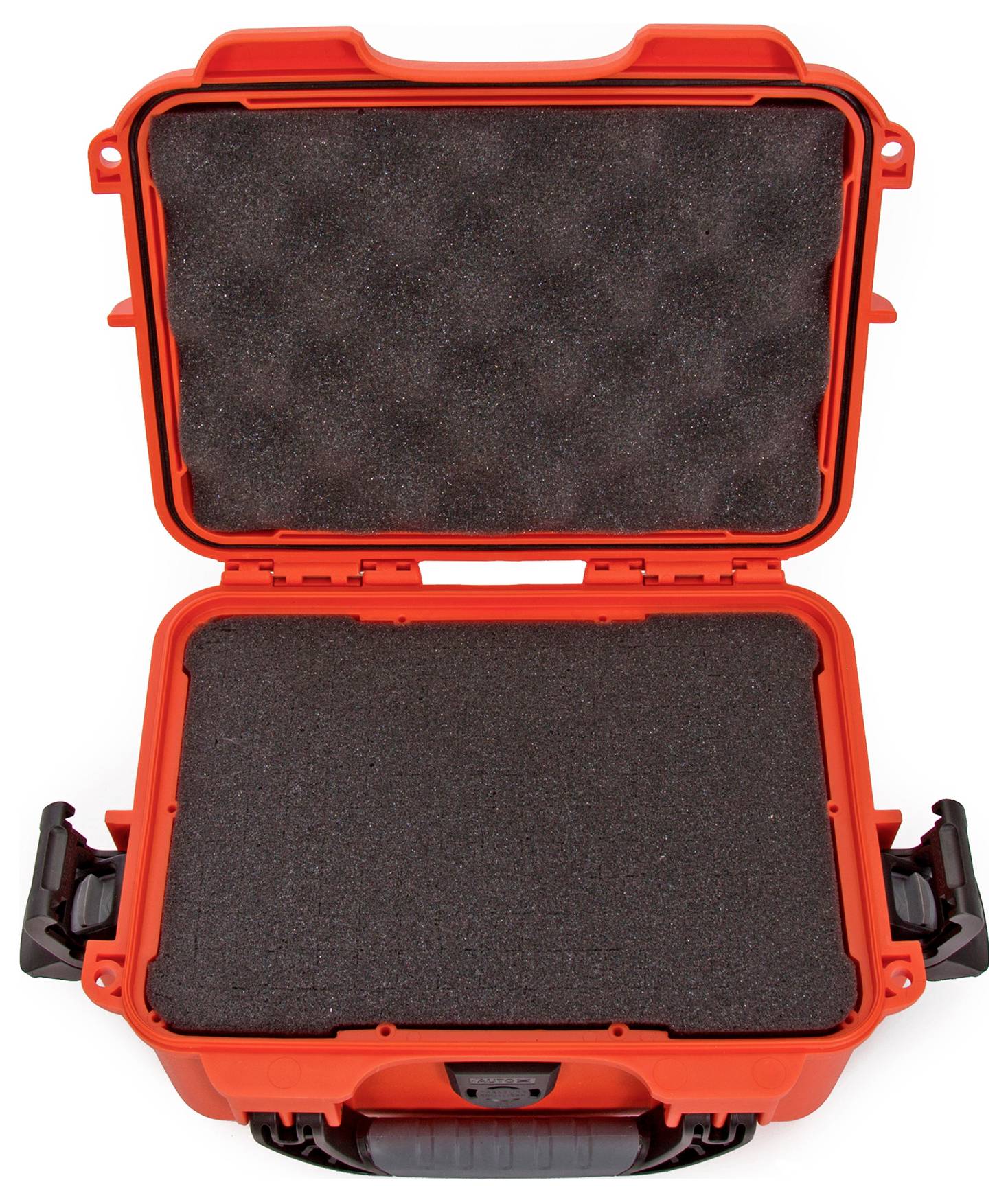 Czerwona, otwarta walizka twarda z czarną wyściółką piankową wewnątrz, nadająca się do bezpiecznego transportu delikatnych przedmiotów.