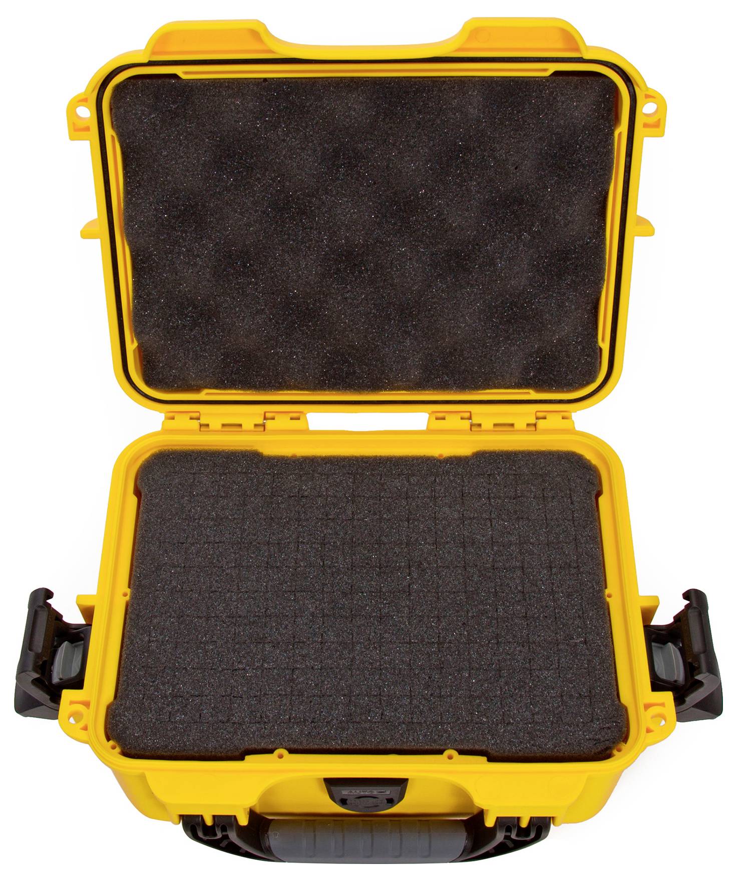Żółty, otwarty kufer ochronny z czarną wyściółką piankową, gotowy do bezpiecznego przechowywania delikatnych przedmiotów.