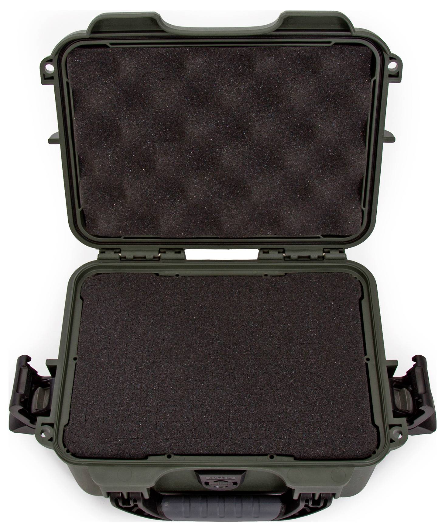 Otwarty twardy kufer z czarną gąbką w środku. Kufer ma oliwkowozielony kolor i jest pusty.