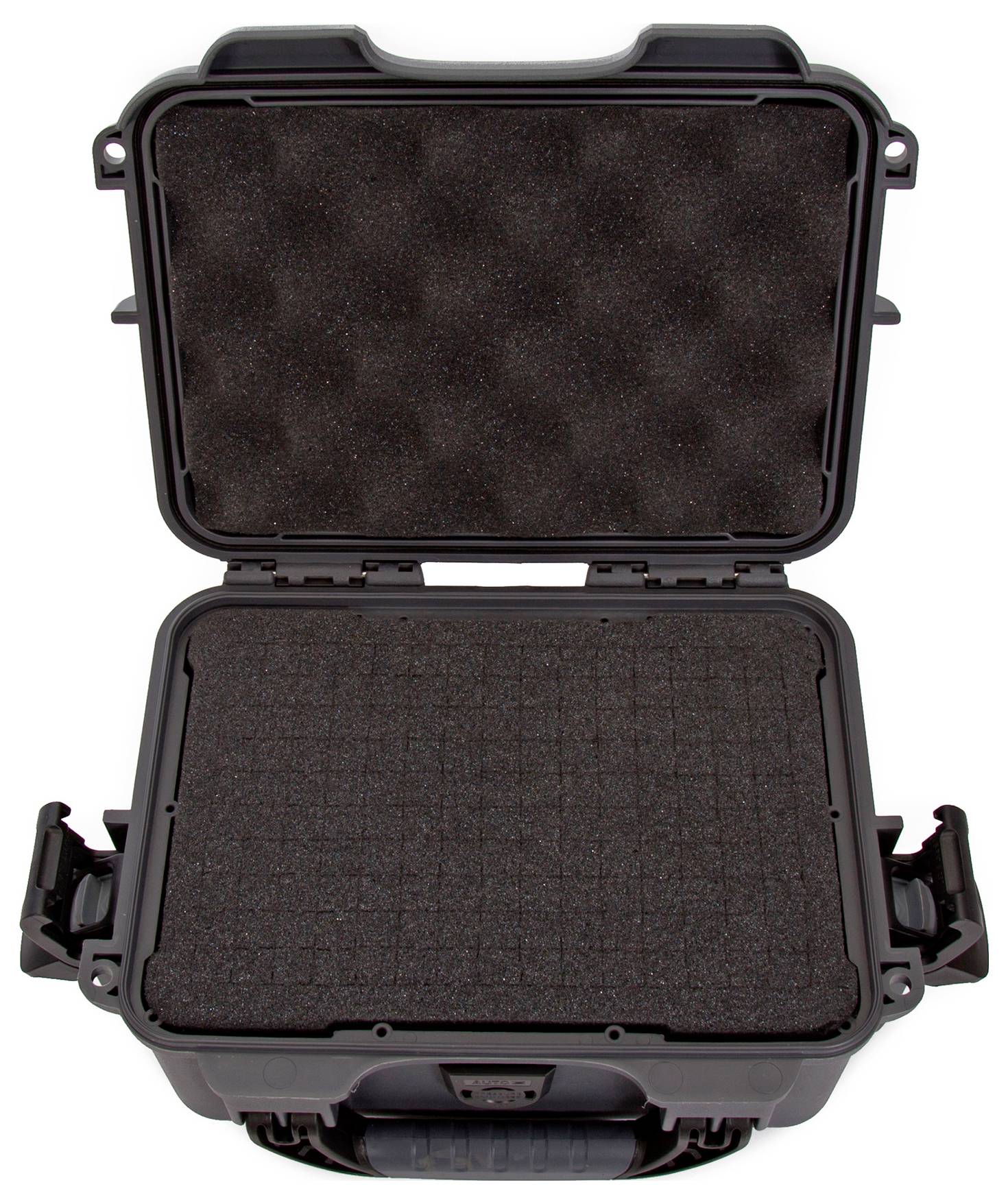 Czarna, otwarta walizka z pianki z wkładką dzieloną, idealna do bezpiecznego transportu delikatnych przedmiotów.